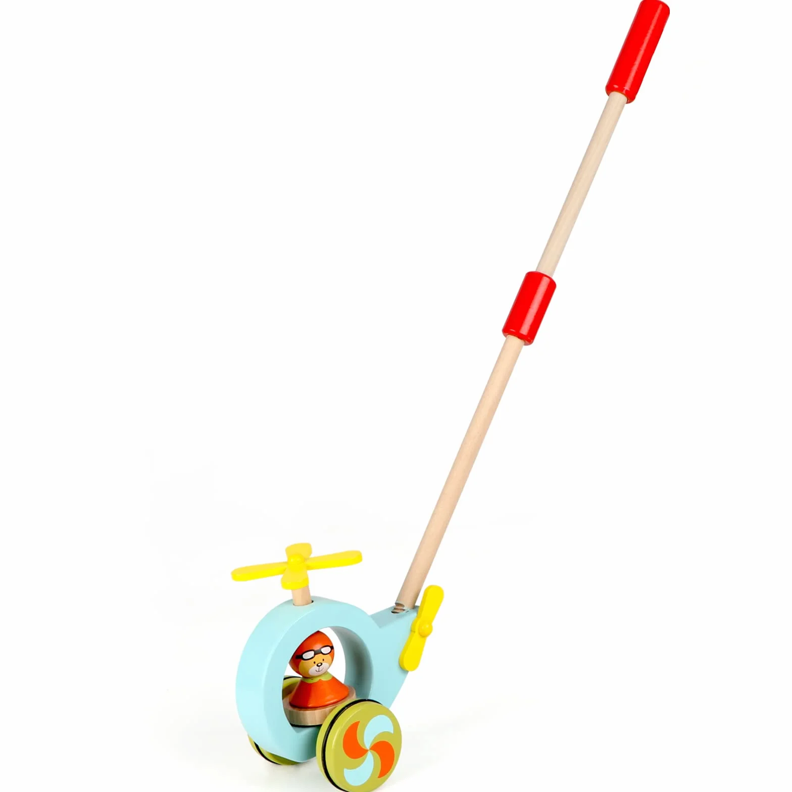 Jacootoys Drewniany Push Pull Wzdłuż Dziecka Chodzenie Helikopter Gracz Dzieci Zabawka ze zdejmowanym kijem 24 cale