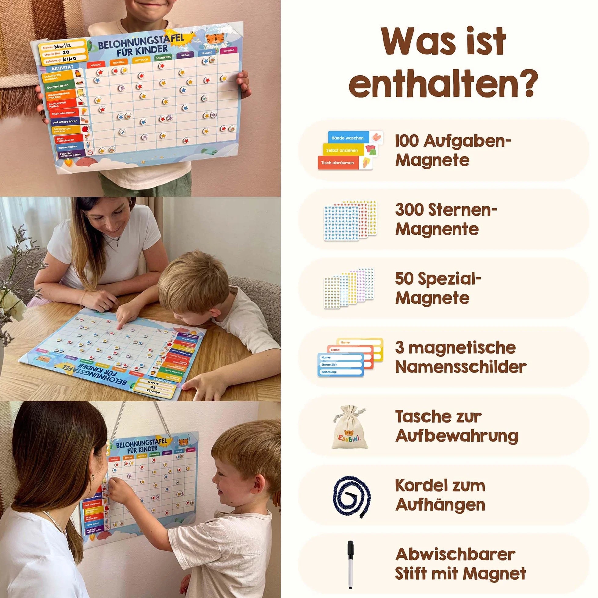 Edubini Tablica nagród dla dzieci - [100 misji, 350 magnesów] - System nagród odpowiedzialnych - tablica magnetyczna Montessori, planer tygodniowy dla dzieci, pomoc ADDHS - w zestawie torba, długopis