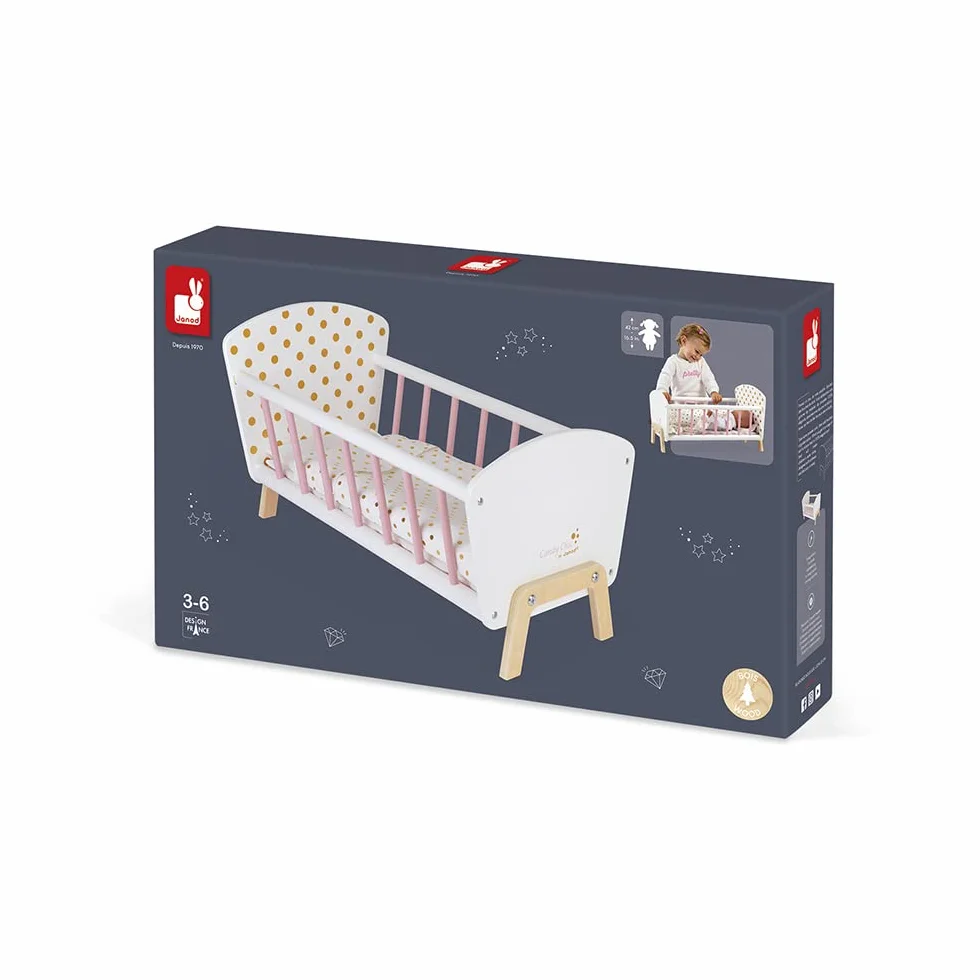 Janod - Candy Chic Bed - Wooden Baby Doll’S Bed with Mattress + Blanket + Pillow - Soft Shiny Colours - Accessories for Babies - from 3 Years Old, J05889