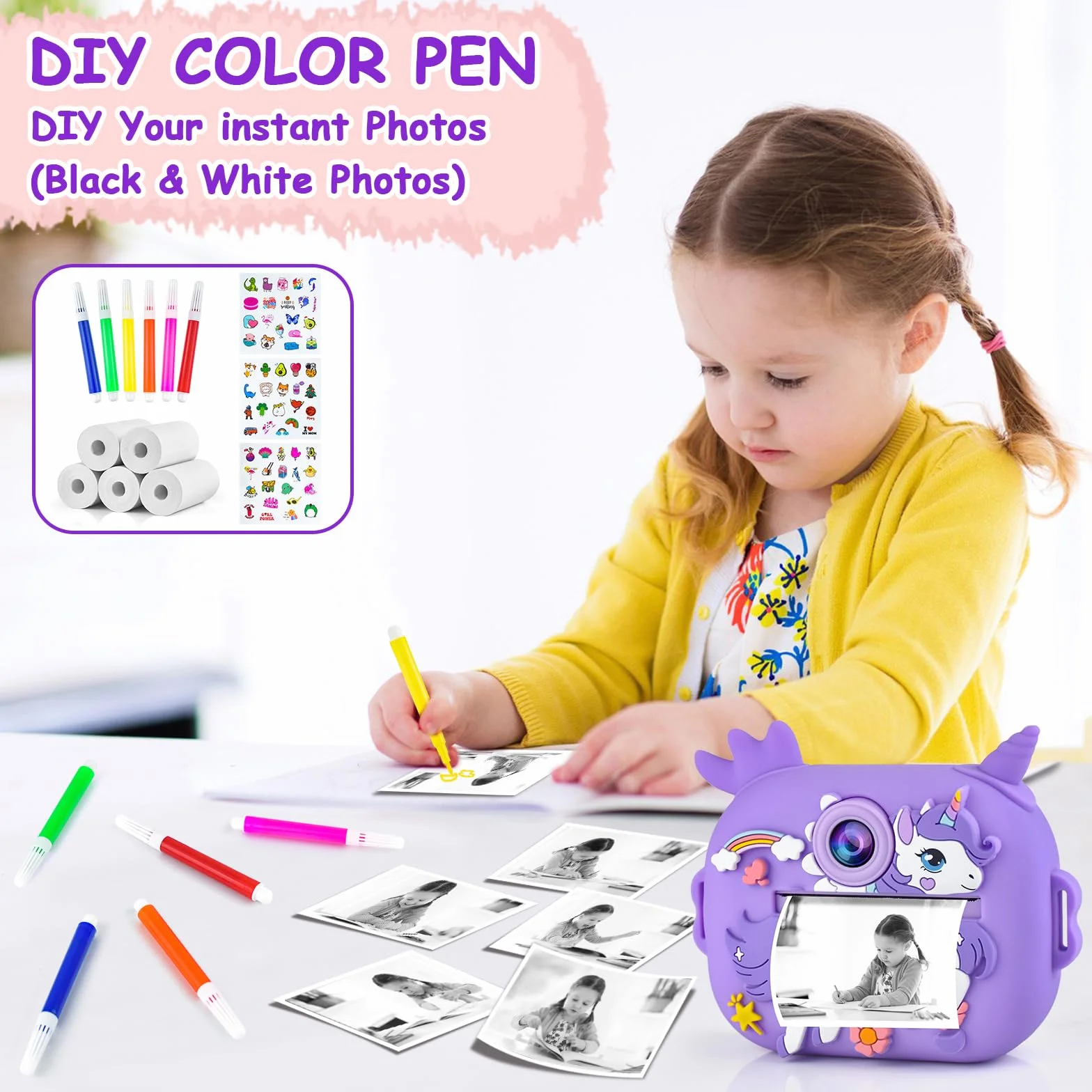 Aparat Natychmiastowy Dziecięcy Aparat Cyfrowy 3-12 Lat + 5 Rolek Papieru Termicznego Druku Natychmiastowego Aparat Fotoapparat Natychmiastowy Druk Kids Aparat Fotograficzny Dziecięcy Aparat