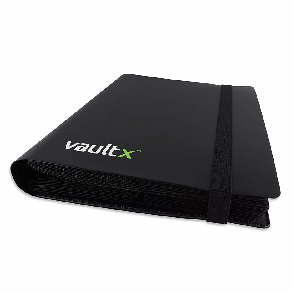 Vault X 4-kieszeniowy segregator na karty kolekcjonerskie z paskiem, 160 kart, wersja standardowa, 20 stron bocznie ładowanych, folder na gry kolekcjonerskie, sportowe, TCG (Czarny)