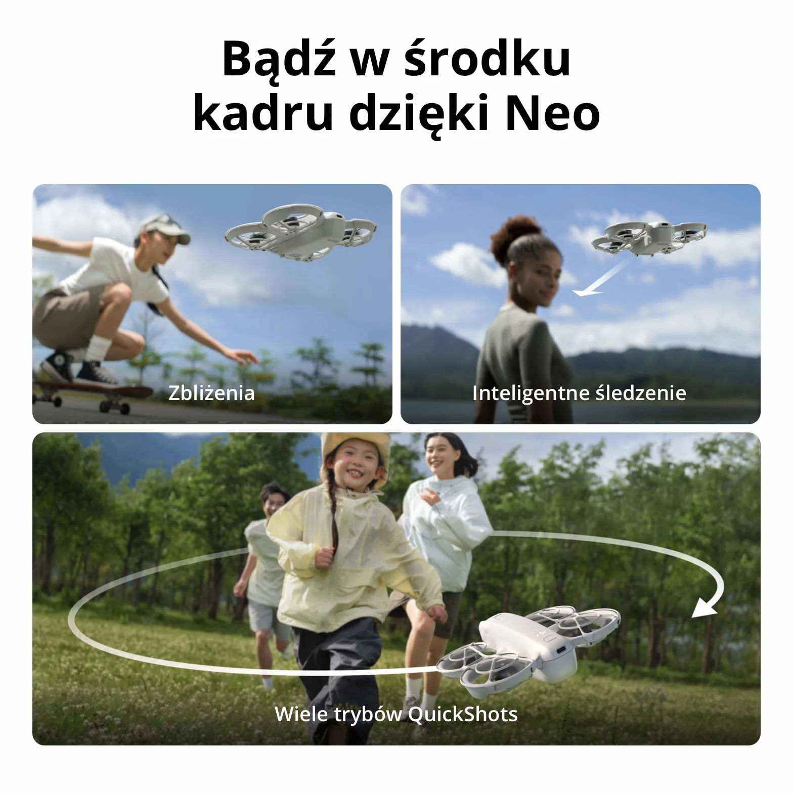 DJI Neo, mini dron z kamerą 4K UHD dla dorosłych, 135 g samodzielnie latający dron śledzący użytkownika, start z dłoni, śledzenie obiektu, QuickShots, stabilizacja wideo (nie wymaga kontrolera)
