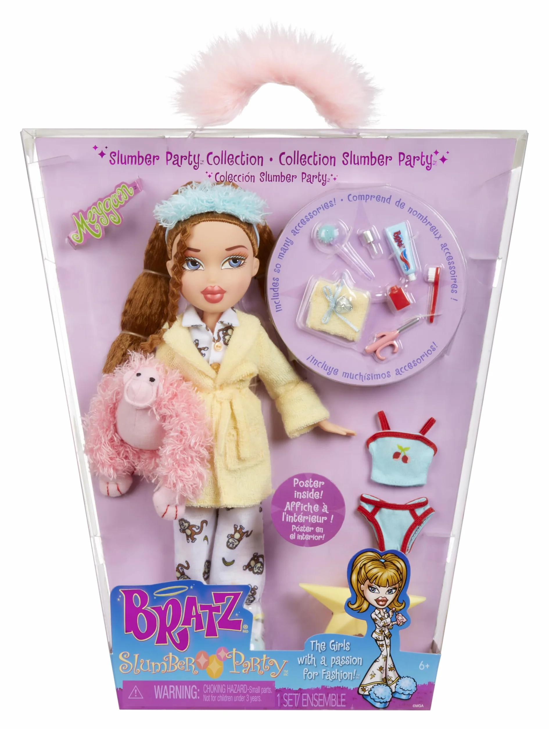 Bratz Slumber Party - Modna Lalka Meygan - z 2 Kompletami Piżam, Pluszowym Zwierzątkiem i Akcesoriami - Odpowiednia dla Dzieci i Kolekcjonerów