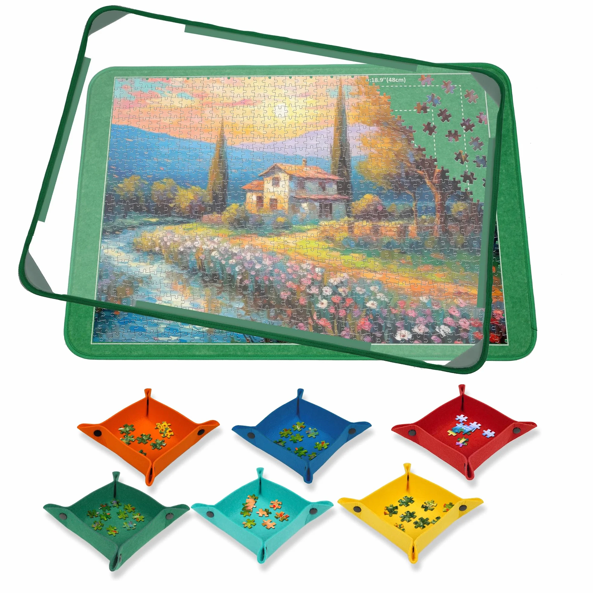 MOZOOSON Tablica do puzzli, 1000 sztuk, tablica do przechowywania puzzli, 81 x 56 cm, akcesoria do puzzli do łatwego przenoszenia i przechowywania (6 tac do sortowania puzzli i 1 przezroczysta