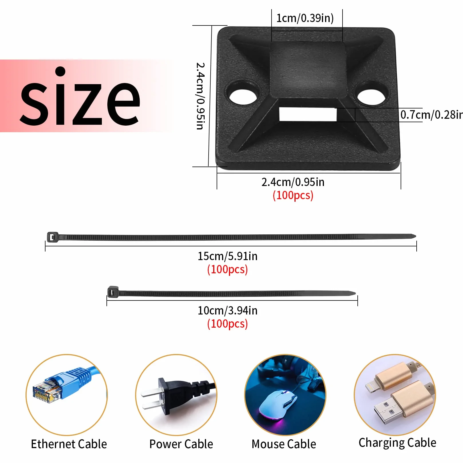 Zestaw 200 sztuk opasek kablowych, czarne, 100 mm/150 mm i 100 sztuk samoprzylepnych uchwytów kablowych 25 mm x 25 mm, zaciski kablowe do efektywnego zarządzania kablami i bezpiecznego