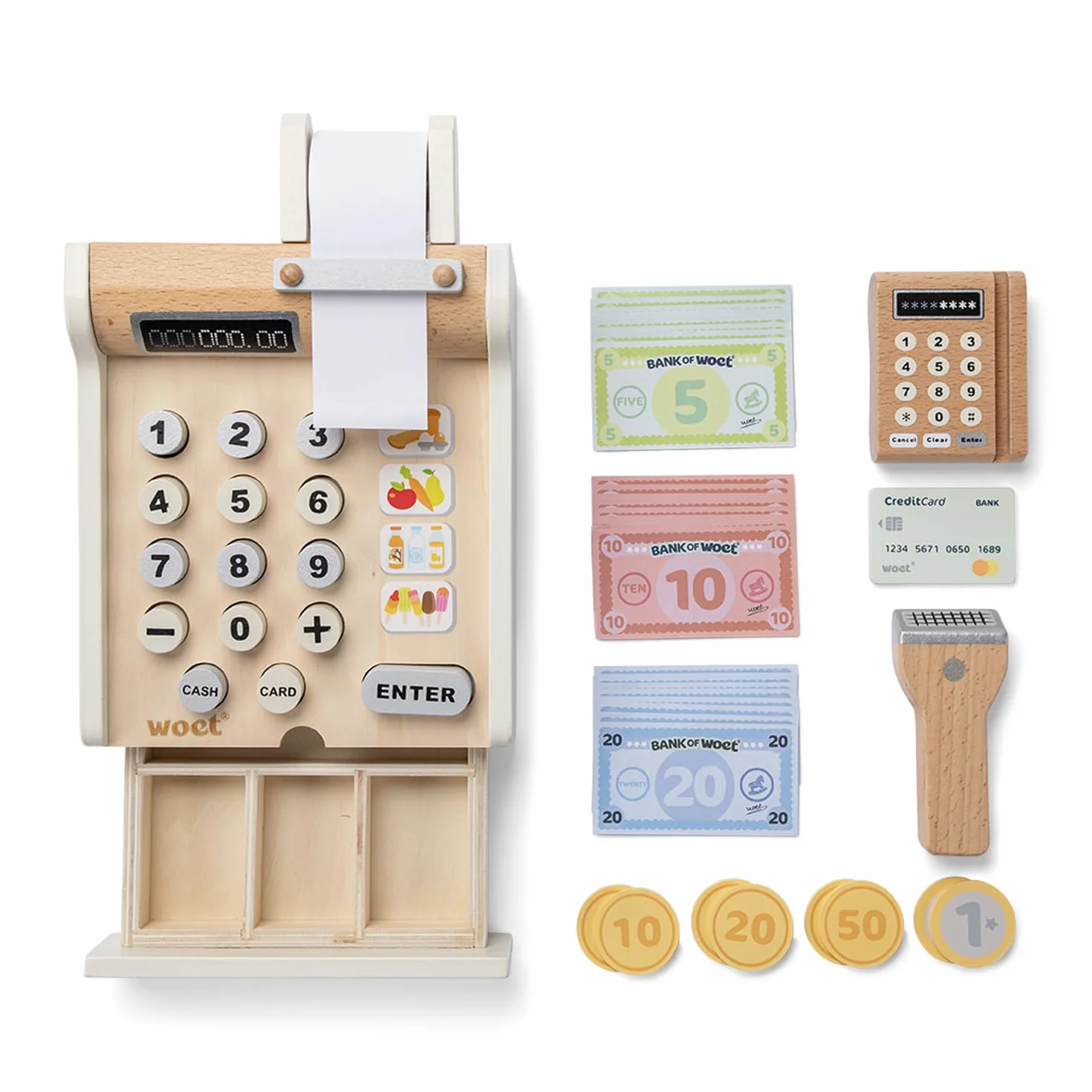 New Classic Toys 10651 kasa fiskalna, w zestawie pieniądze do gry, skaner i karta bankowa, akcesoria do sklepu, z drewna, biała