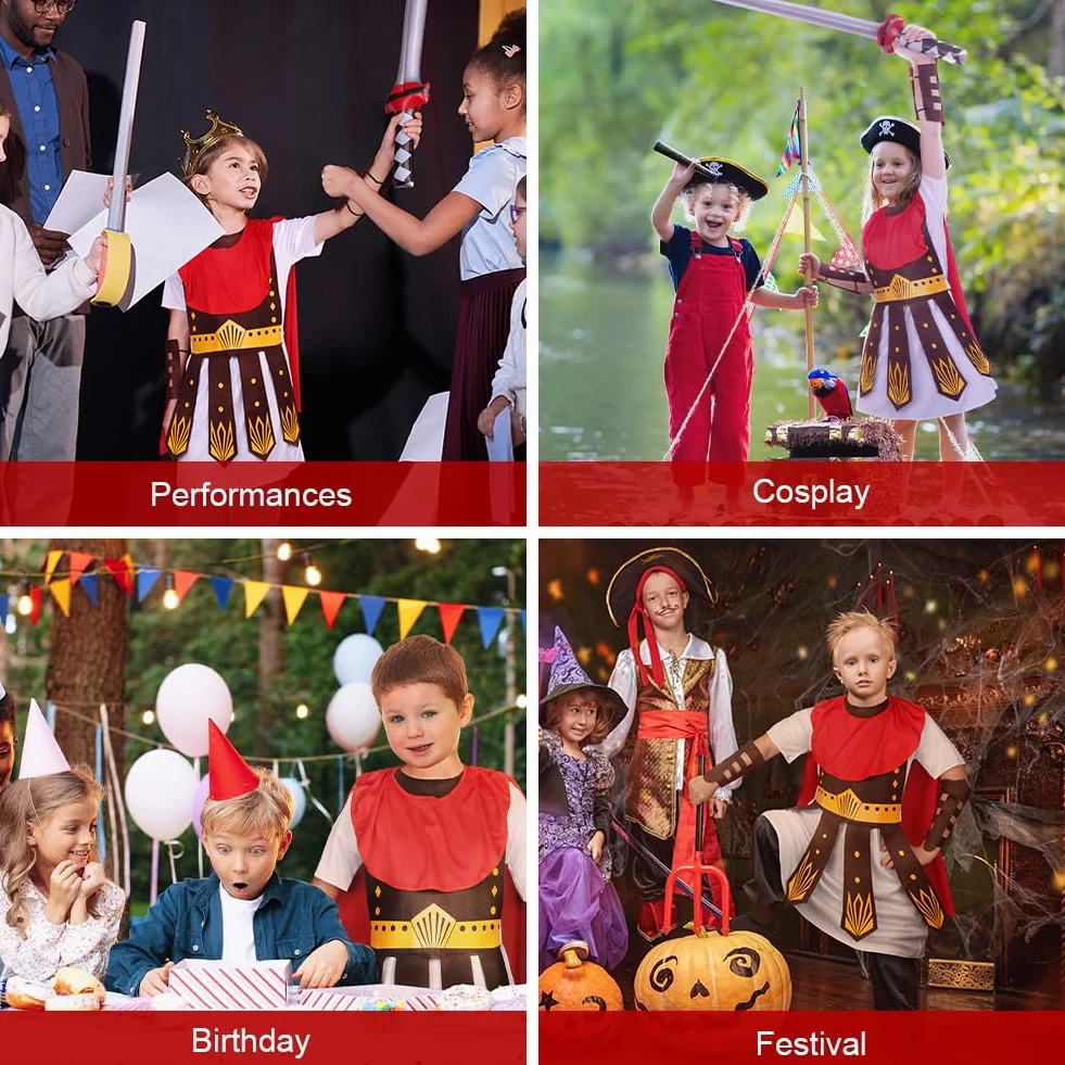 Kostium gladiatora dla dzieci z tunetem, ochrona ramion i nóg, 5-częściowy kostium gladiatora z mieczem samurajskim, odpowiedni na karnawał, Halloween, imprezę tematyczną
