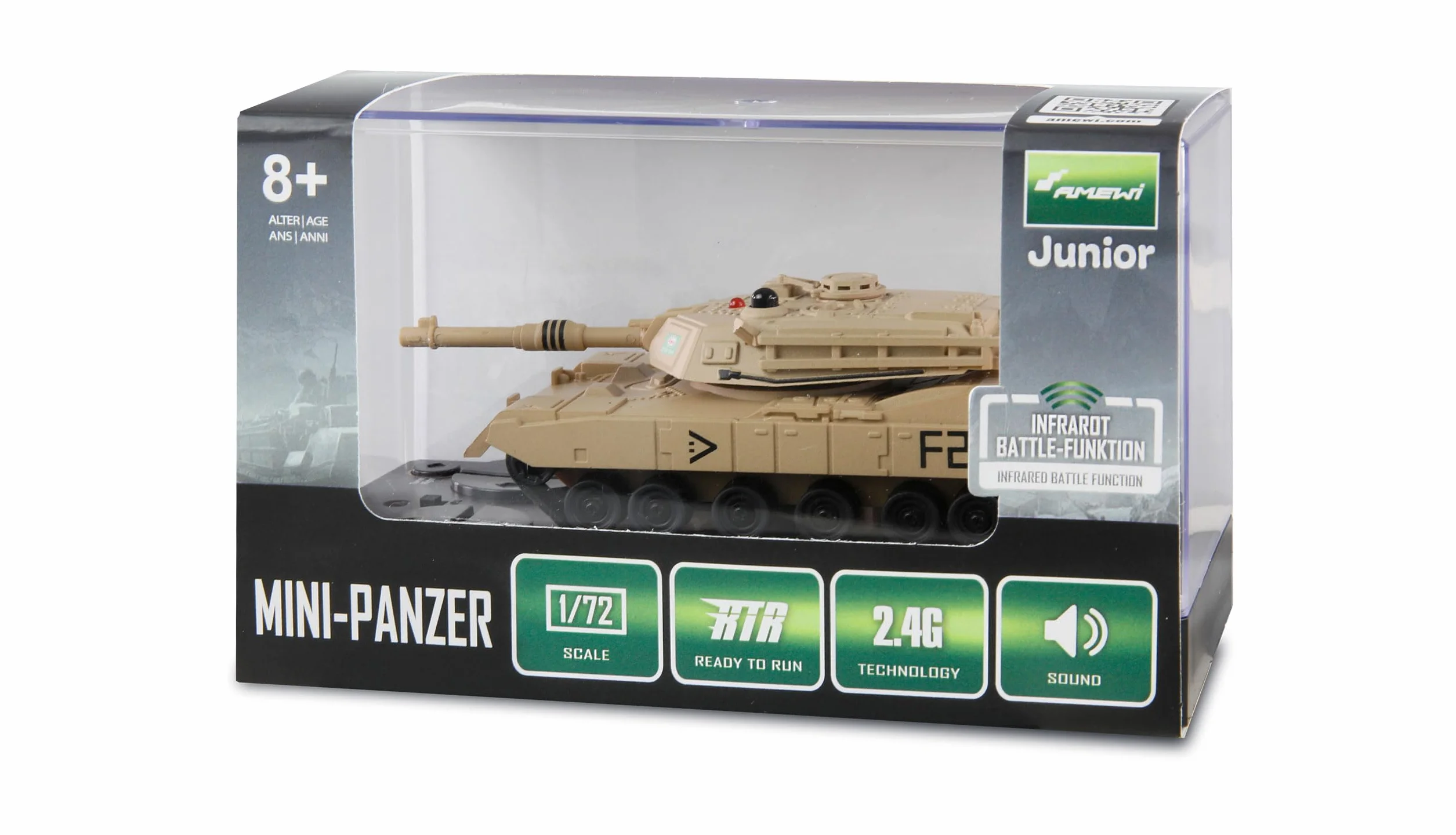 RC Abrams mini czołg zdalnie sterowany z funkcją IR-Battle 1:72 RTR dla dzieci od 8 lat, piaskowy brąz