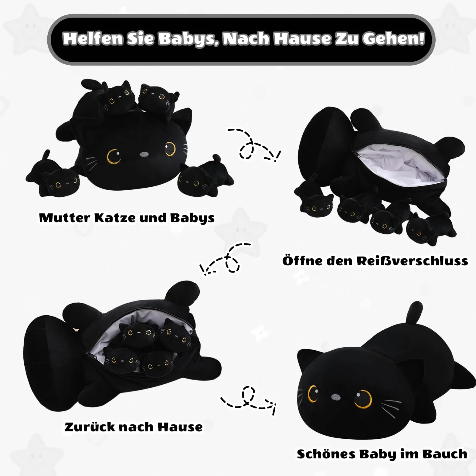 SQEQE Black Cat Plushies wypchane zwierzęta z 4 niemowlętami, śliczny czarny kot, pluszowa poduszka, miękka zabawka, prezent urodzinowy dla dziewcząt, chłopców