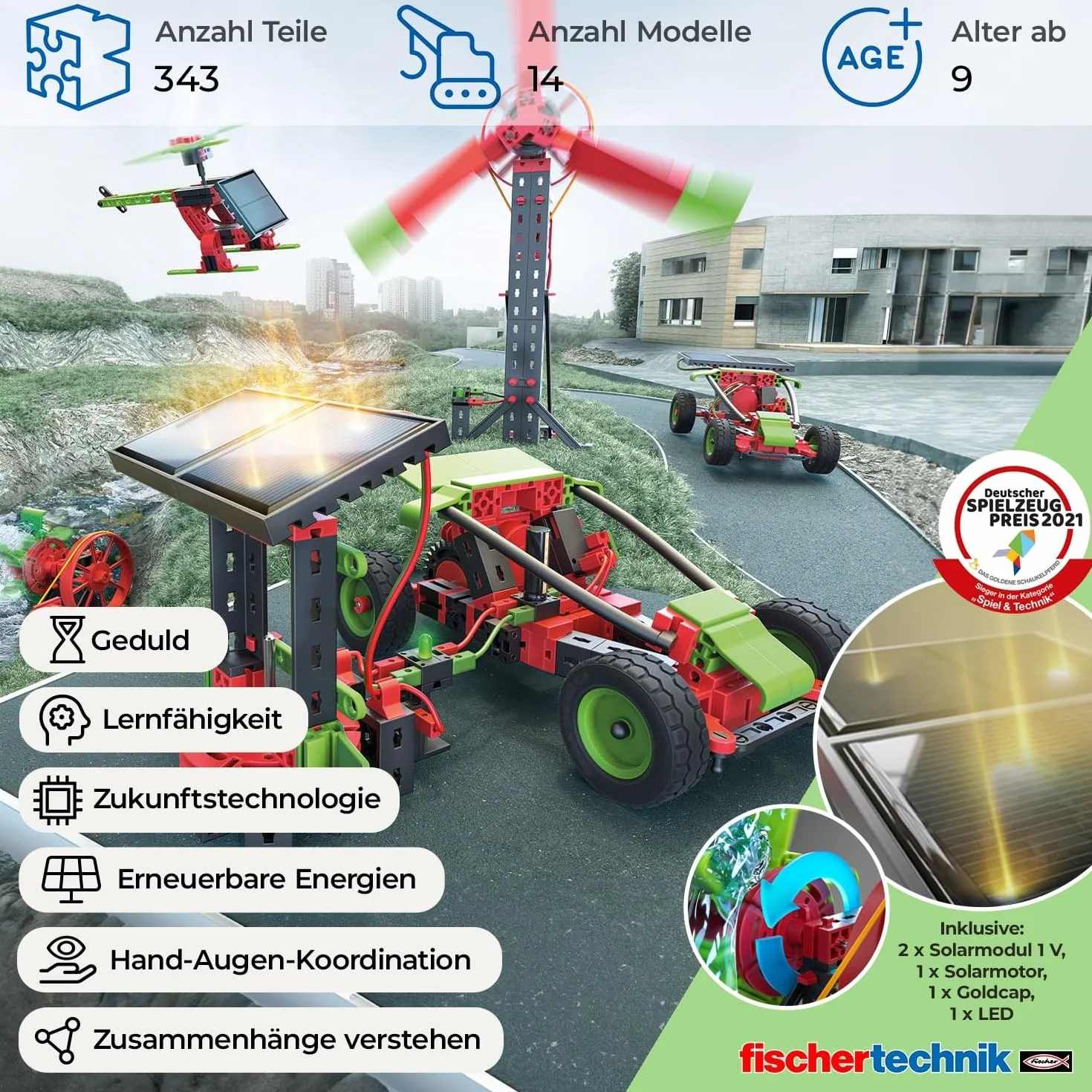 fischertechnik 559879 PROFI Green Energy – zestaw do montażu dla dzieci od 9 lat, skrzynka eksperymentalna dla energii słonecznej, wiatrowej i wodnej, w zestawie moduły słoneczne i silnik solarny