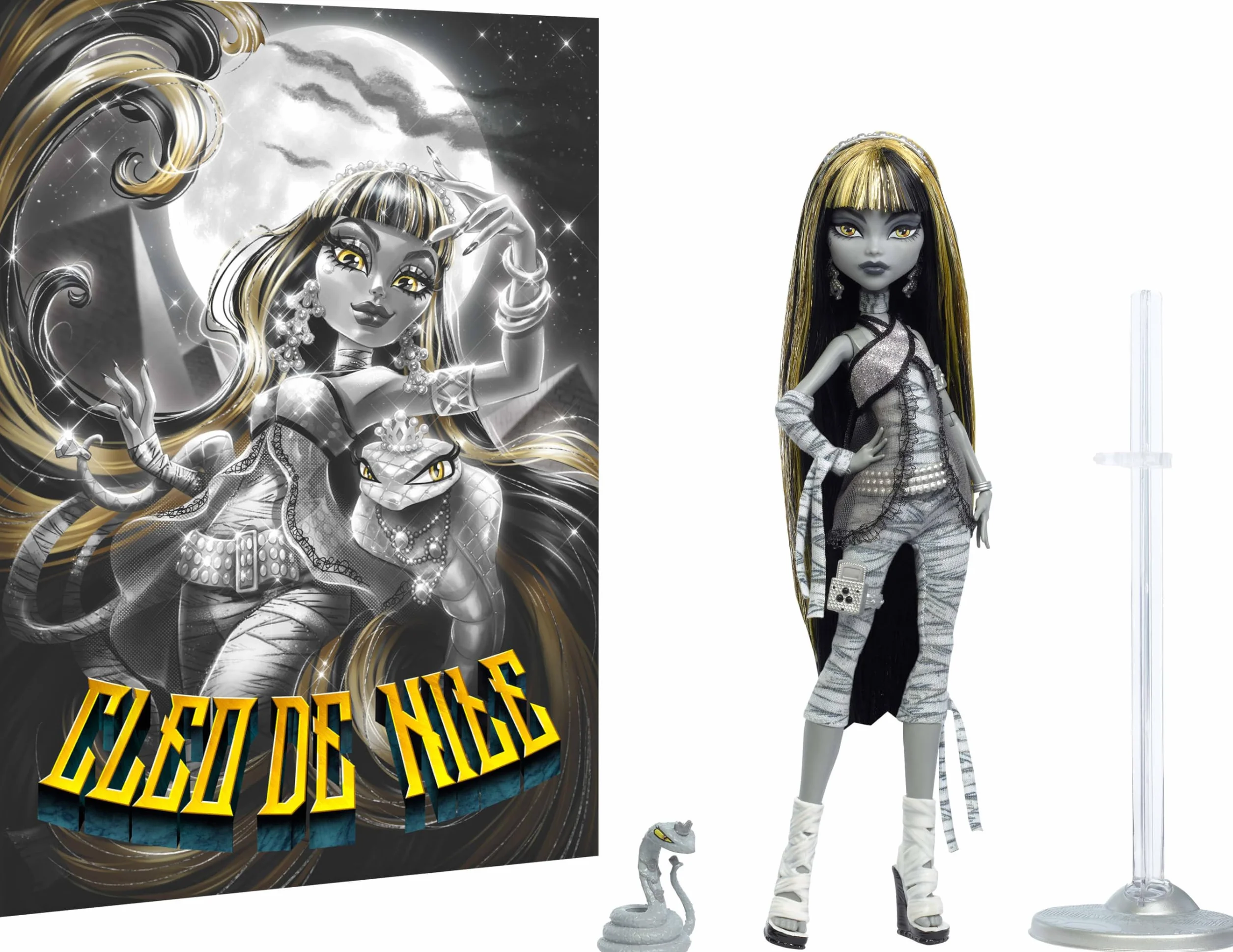 Monster High Reel Drama Straszny Seans Cleo de Nile Lalka kolekcjonerska w czarno-białym stroju z motywem filmowym oraz miniplakatem i dużym plakatem, zabawka i prezent dla dzieci 6+, JDR65