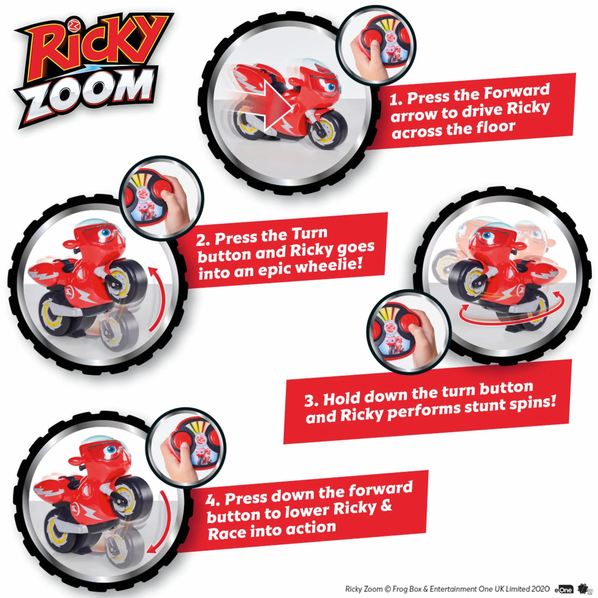 RC Turbo Trick Ricky, motocykl kaskaderski z pilotem zdalnego sterowania sprawia, że Wheelies i zapierające dech w piersiach obroty o 360 stopni, Ricky Zoom zapewnia doskonałe przygody dla