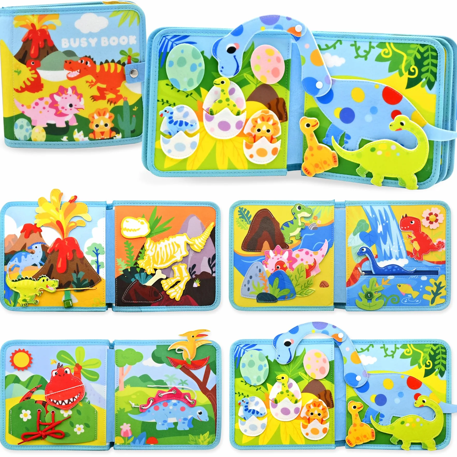 Busy Board od 1, 2, 3 lata, motyw dinozaurów, zabawka, zabawka Montessori, do podróży, samochodu, samolotu, zajęć edukacyjnych dla małych dzieci, busy Book prezent urodzinowy