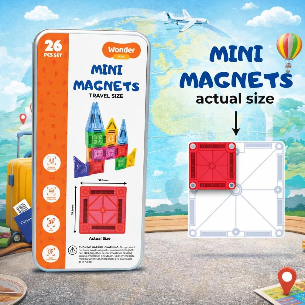 Wonder Toys Mini bloki magnetyczne – 26-częściowy zestaw podróżny, oryginalna magnetyczna zabawka budowlana dla chłopców i dziewczynek w wieku 3-7 lat. Idealne do kreatywnego budowania i nauki zabawy