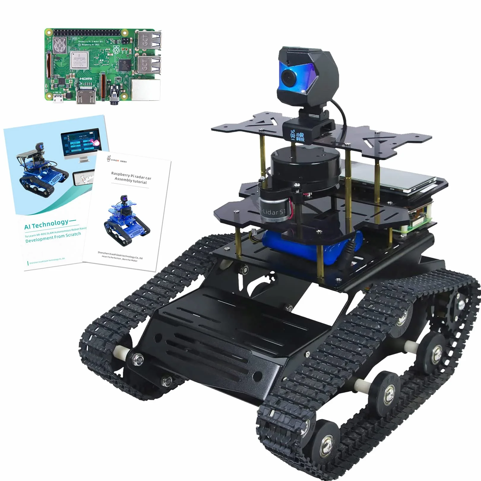 AI Raspberry Pi 4B Robot Kit z radarem ROS SLAM Smart Car Robotic Tank Buduj mapy samodzielną nawigację śledzenie rozpoznawania obiektów (czarny, Raspberry Pi 4B 4GB)
