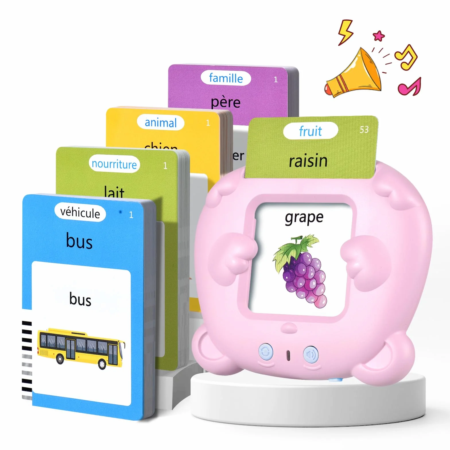 Mówiące karty flash Montessori edukacyjne dla dzieci w wieku 3 lat Rozmowa Flash Cards 112 arkuszy 224 słowa, zabawki edukacyjne do nauki mówienia, francuski/angielski/dwujęzyczny (różowy)