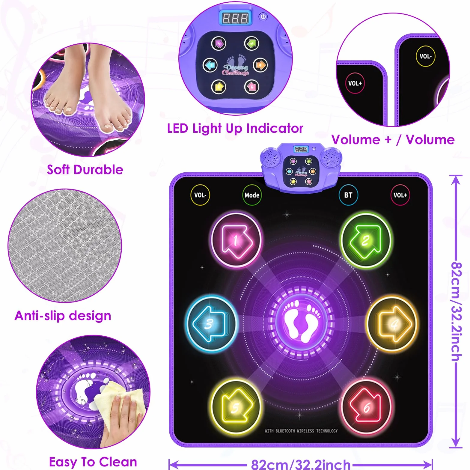 GuKKK Mata do tańca, zabawka dla dzieci, prezent w wieku 3-12 lat, podświetlana mata muzyczna, mata do tańca z muzyką, Bluetooth, 6 diod LED, na Boże Narodzenie, urodziny, zabawka dla dzieci w wieku 3