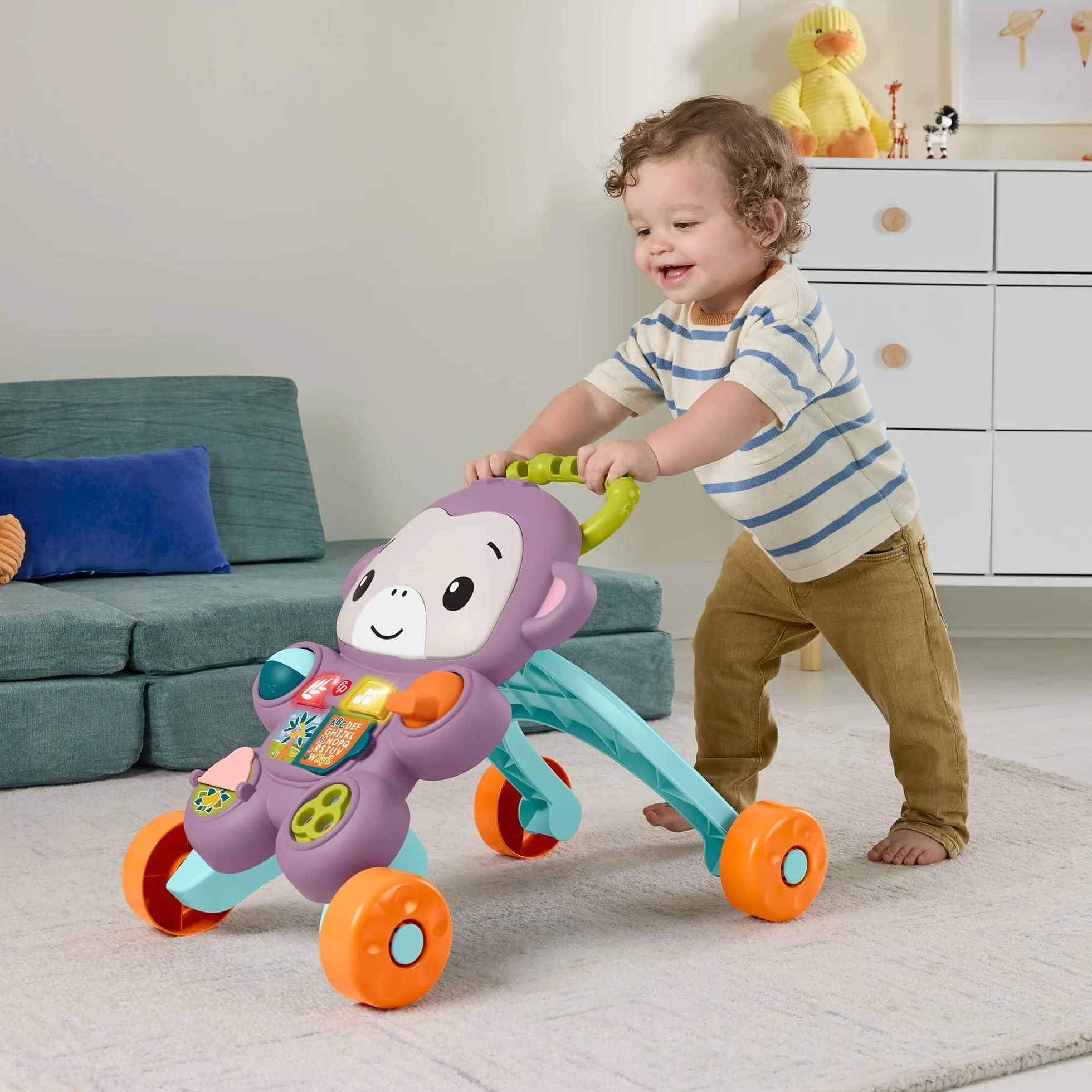 Fisher-Price Fioletowa Małpka Interaktywny Chodzik-Pchacz Muzyka, światełka i elementy aktywizujące, interaktywna zabawka dla dzieci od 6 miesiąca życia, JGW90