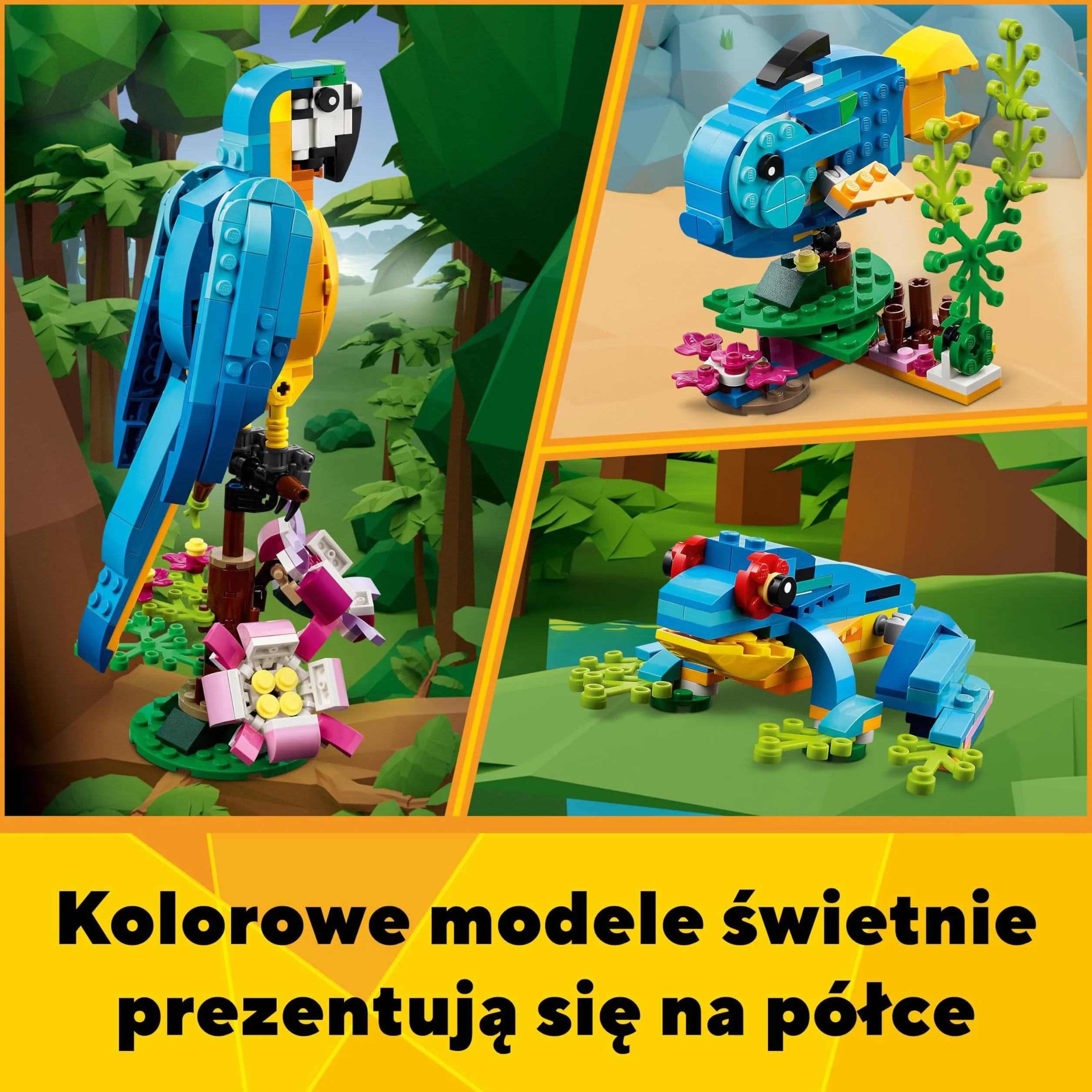 LEGO Creator 3 w 1 Egzotyczna papuga, Figurki Zwierząt z Klocków, Żaba i Ryba, Kreatywna Zabawka dla Dziecka do Budowania, Zestaw Edukacyjny, Prezent dla 7-latka, 31136