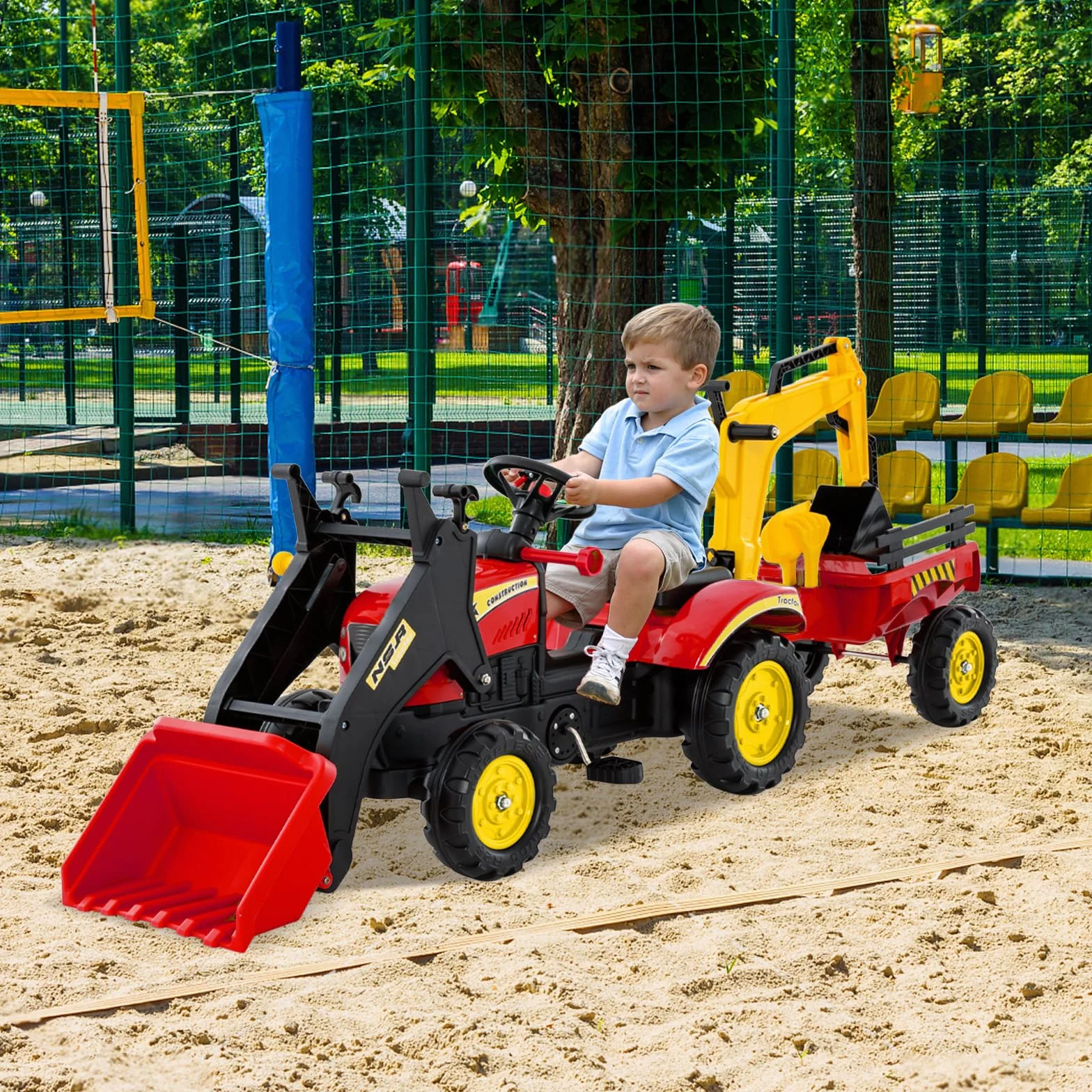 COSTWAY Traktor na pedały, ciągnik dla dzieci z odpinanym przyczepnym zbiornikiem i łopatą zabawkową, ciągnik dla dzieci do 35 kg, mini koparka dla dzieci od 3 lat (czerwony)