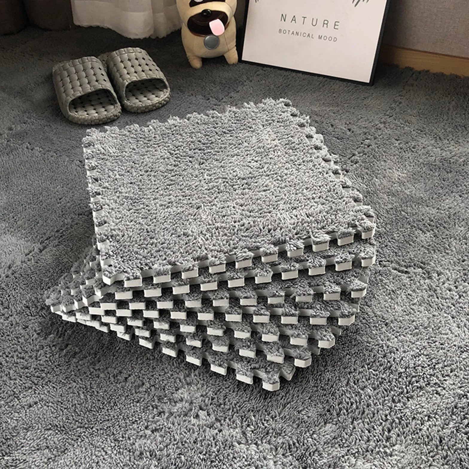 MENAYODA 10 sztuk nachodzących na siebie piankowych płytek dywanowych, 30 x 30 cm, pluszowe puzzle, piankowe maty z krawędzią, antypoślizgowy dywan do podłogi w pomieszczeniu, MEN-TUE0703