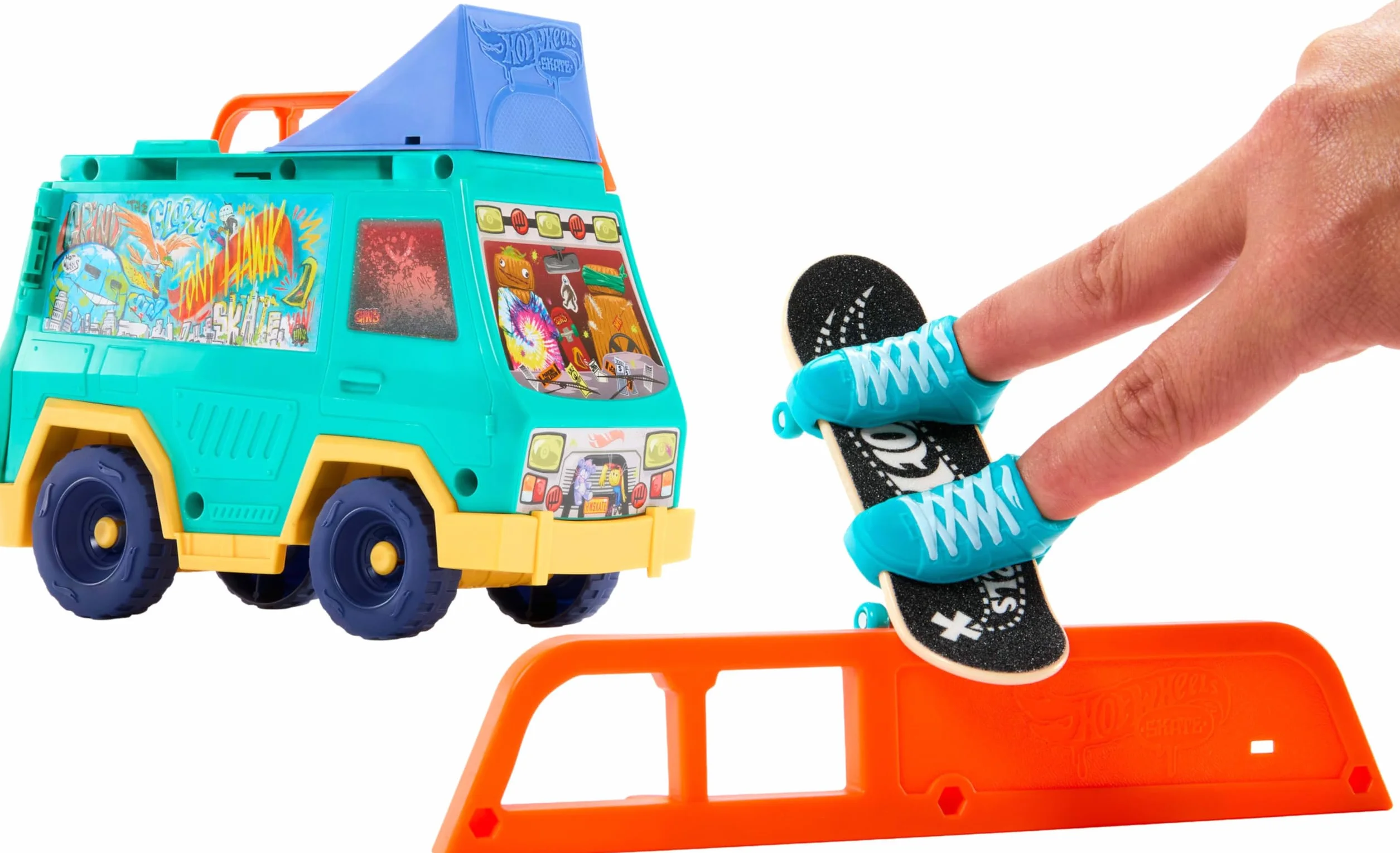 Hot Wheels Skate Van Pojazd i Zestaw 2 w 1 z Deskorolką i Butami na Palce Tony Hawk, Zabawka dla Dzieci JGG91