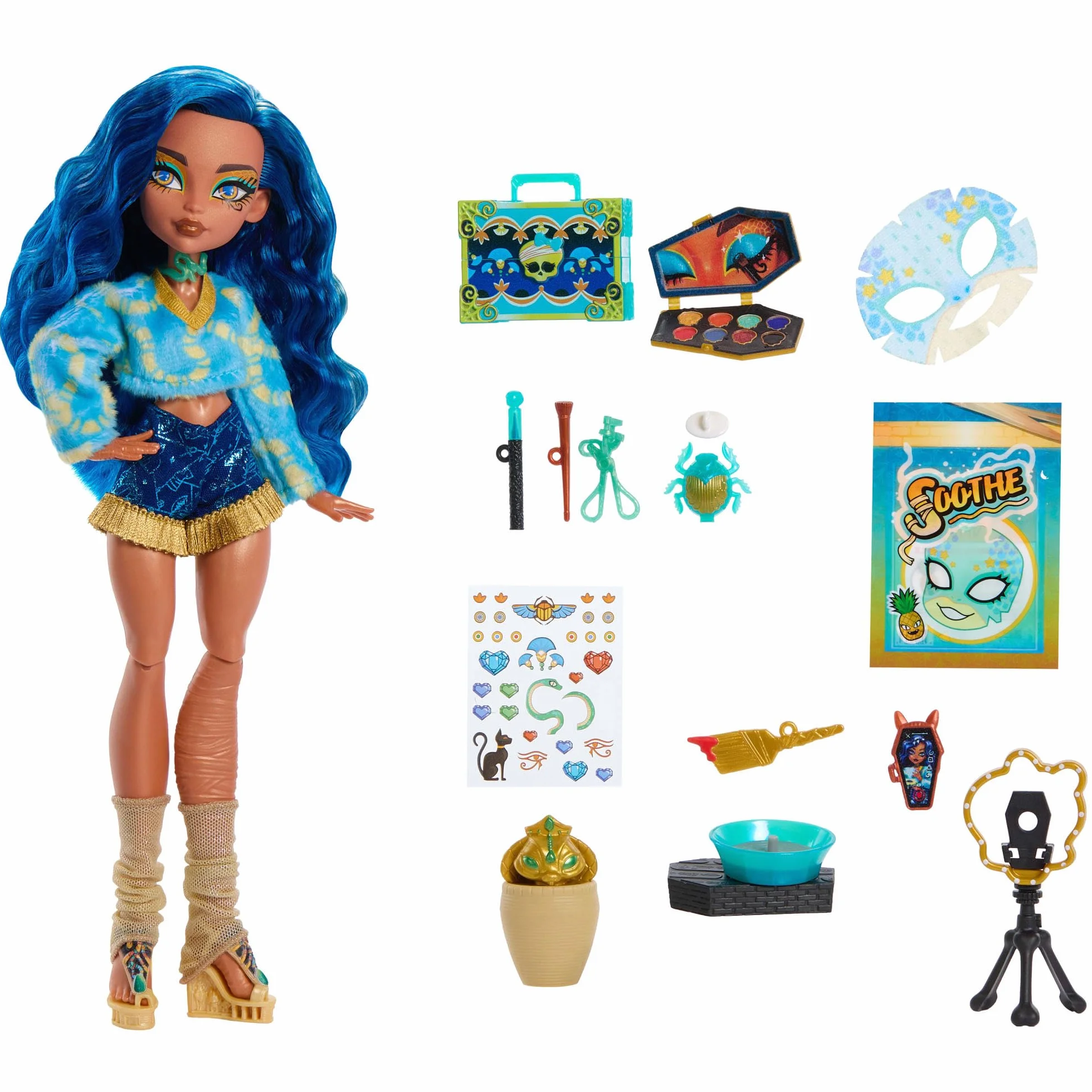 Monster High Straszyrelaks self-care Cleo de Nile Zestaw, lalka i akcesoria-niespodzianki, w tym zestaw do „ceramiki” oraz „kosmetyki”, zabawka dla dzieci 4+, JMG74