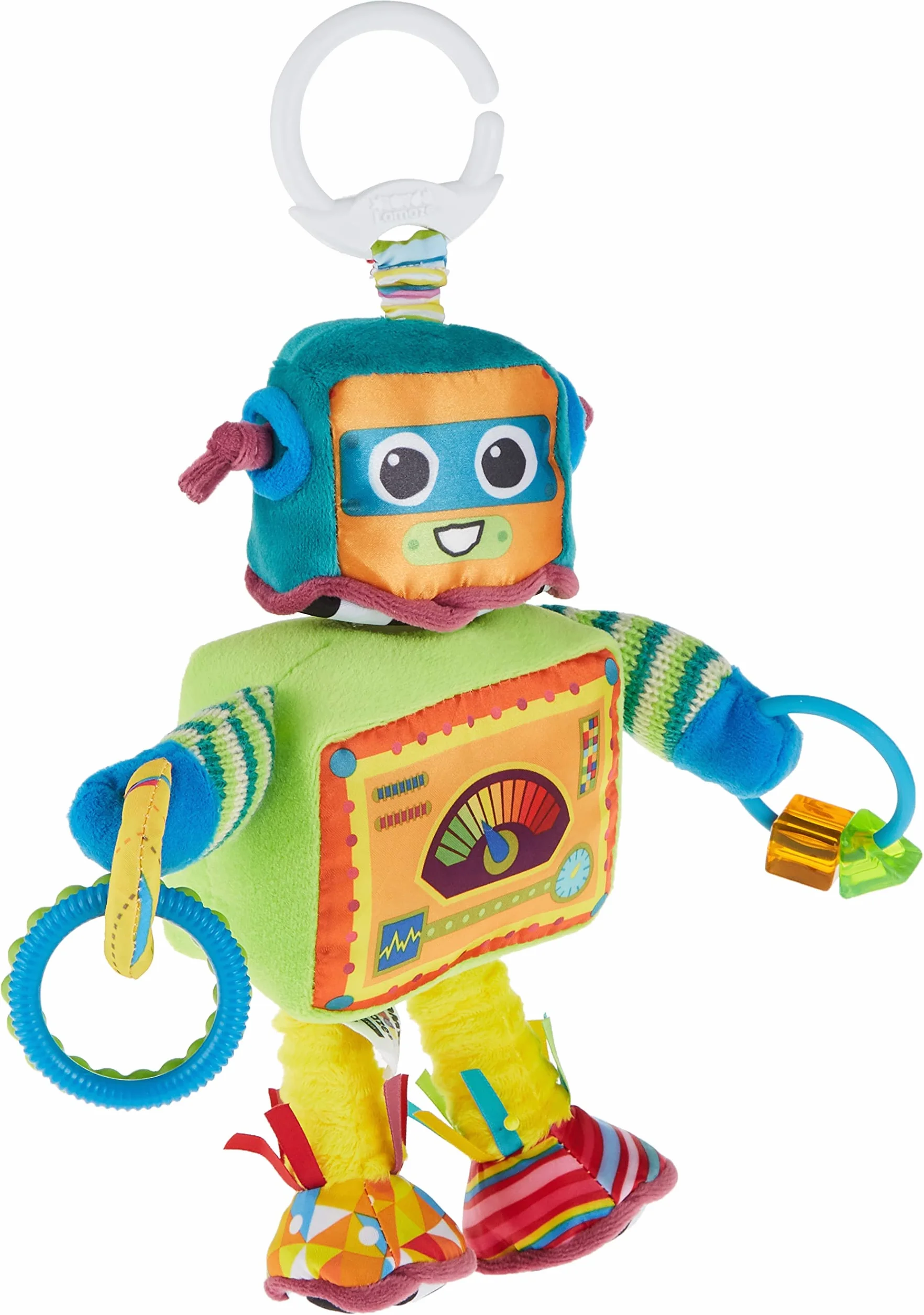 LAMAZE Rusty the Robot, klips na wózek dziecięcy i wózek dziecięcy, zabawka sensoryczna dla niemowląt, chłopców i dziewcząt od 0 do 6 miesięcy