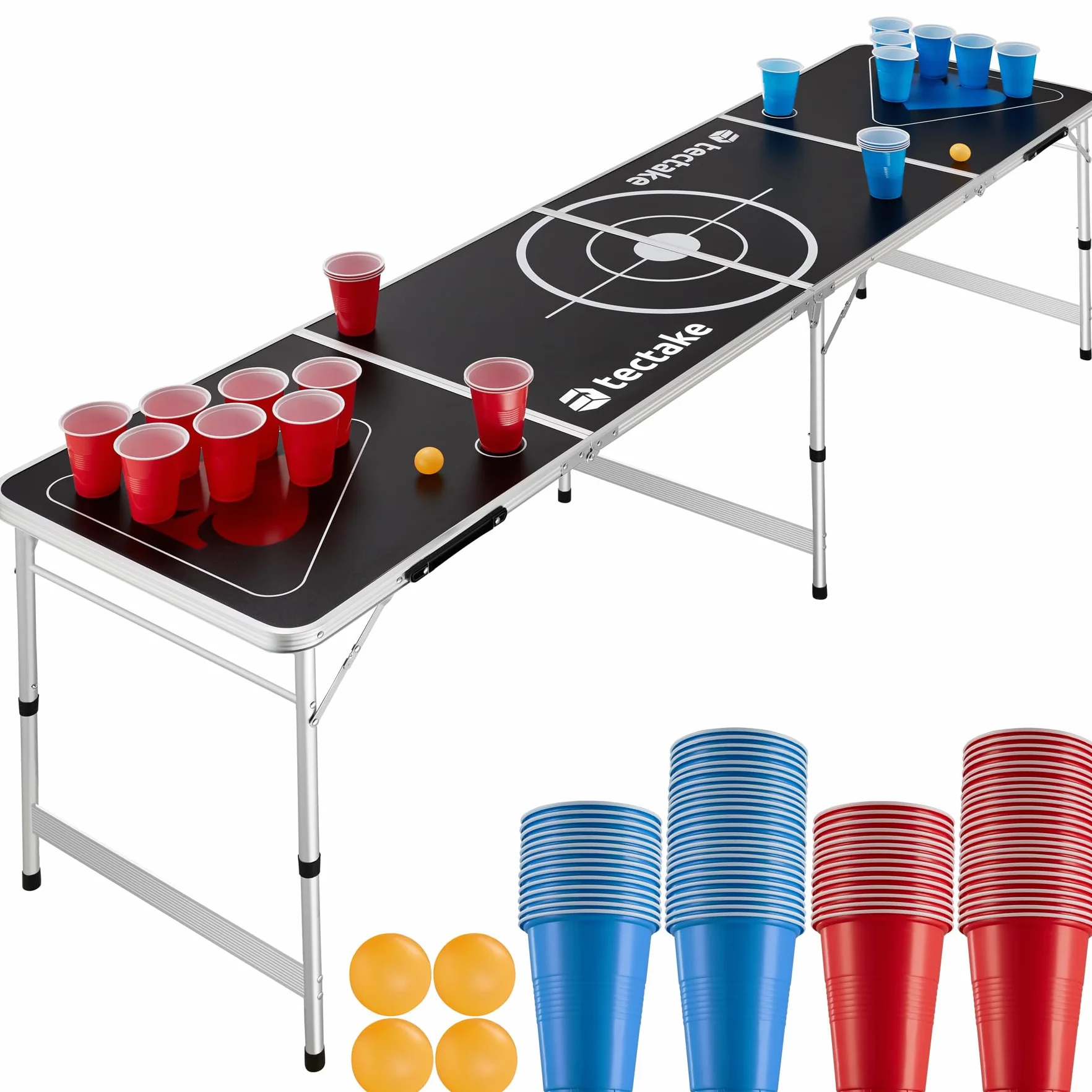 tectake® Stół do Beer Pong Brews & Throws, Składany z Uchwytami, Aluminiowa Rama, Nogi z Regulacją Wysokości, Antypoślizgowe Nakładki, Zestaw 100 Kubków(50x czerwone i 50x niebieskie) + 6 Piłek
