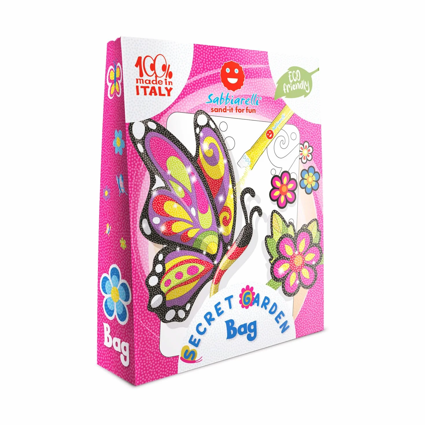 Sabbiarelli Sand-it For Fun Bag Secret Garden Mini Kit Sand Art z Kwiatem i Motylem 100% Made in Italy Kolorowy Piasek Rysunki Samoprzylepne Hobby 10+