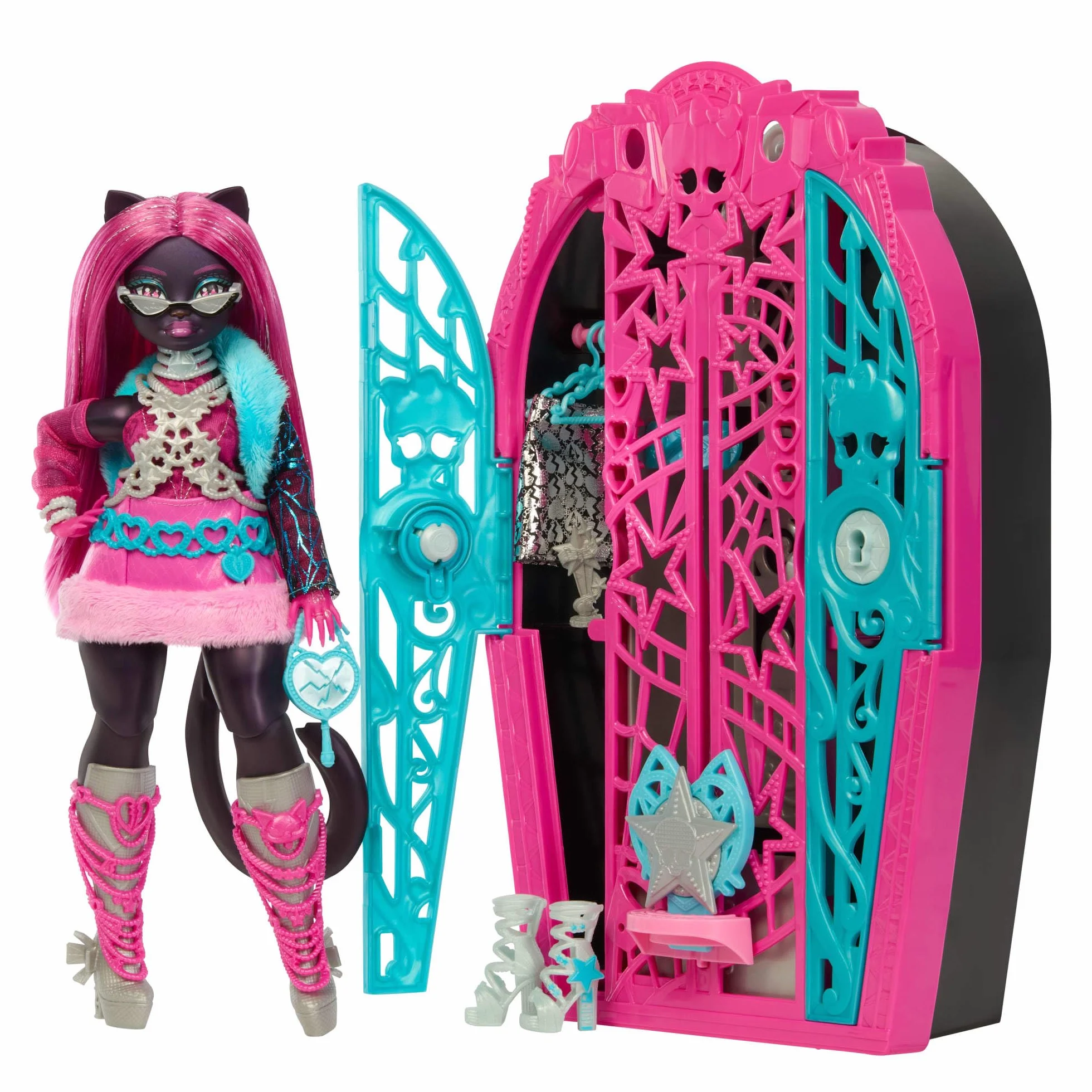 Monster High Straszysekrety Catty Noir Seria 6 Tajemnice Hollyduch Zestaw lalka, szafa i ponad 19 niespodzianek, w tym ubranka dla lalki i akcesoria, JBG82
