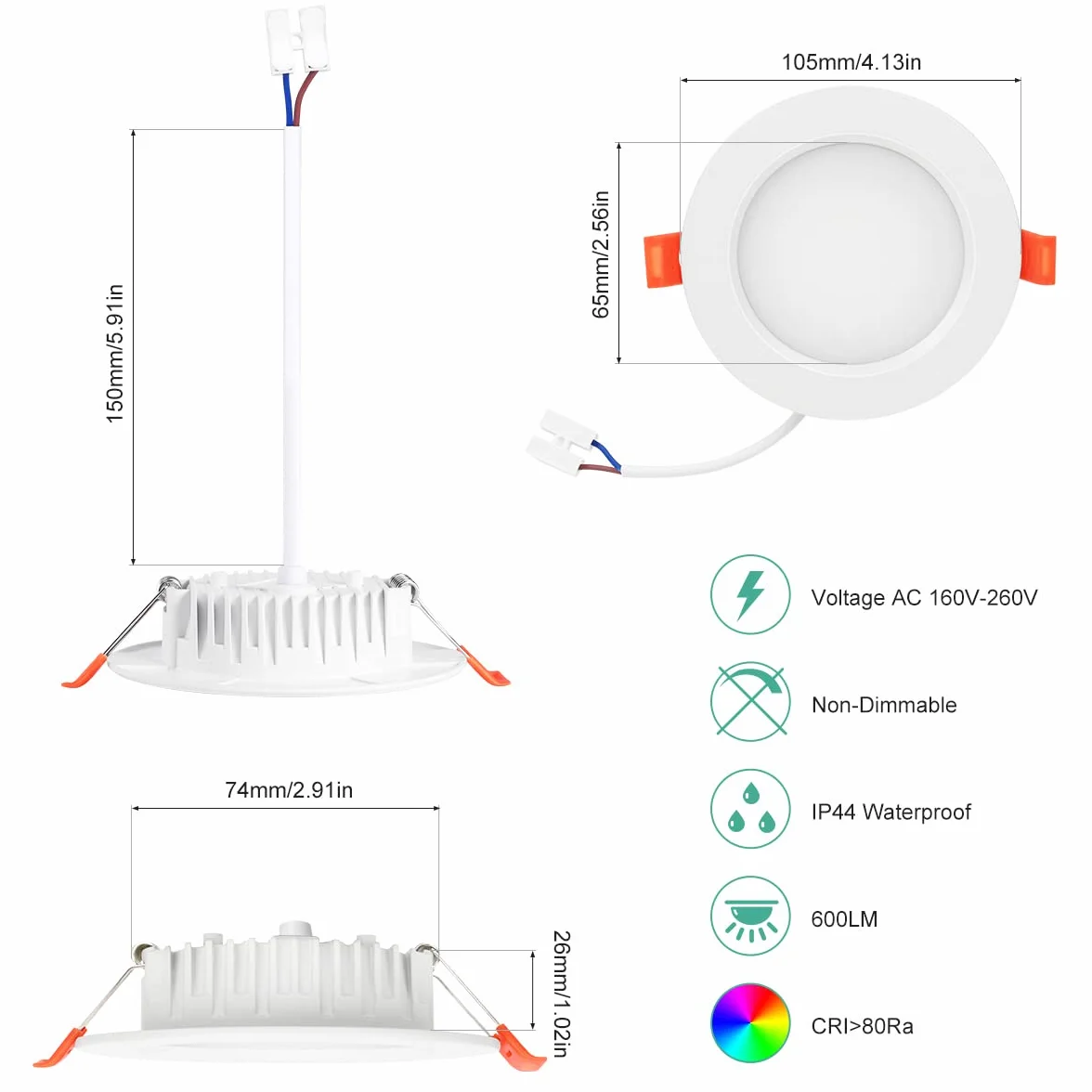 Reflektor wpuszczany LED 230V 6W ultra płaski IP44, zestaw 6 szt. Oprawy wpuszczane LED biała zimna 6000k, głębokość montażu 26mm 600 lumenów, Ø105mm wymiary otworu montażowego 75-95mm, spoty LED do łazienek, salonów, kuchni