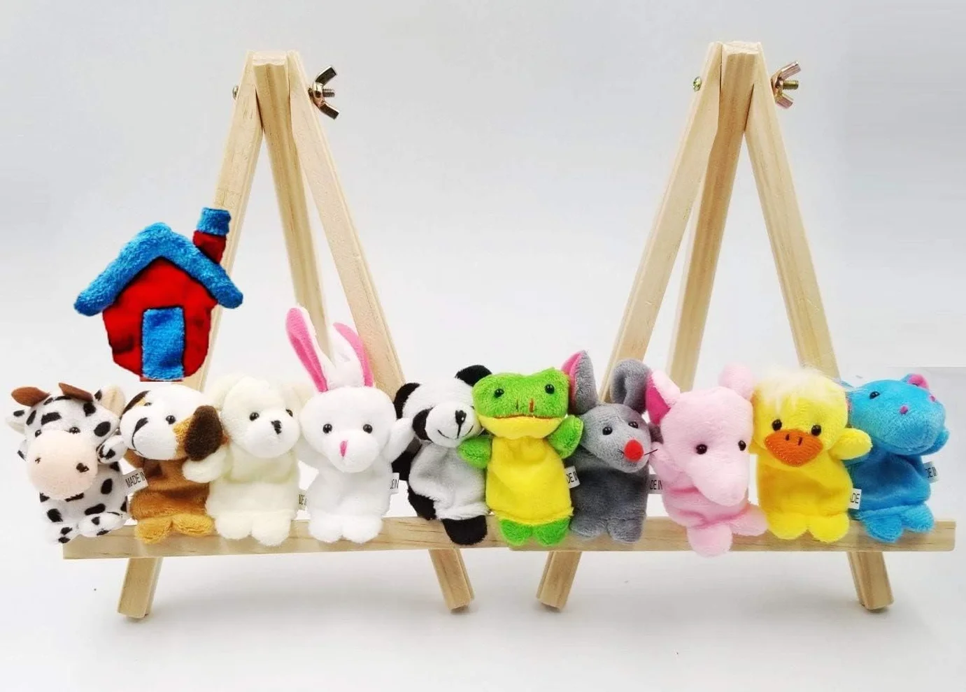 JZK 11 zwierząt palec marionetka zestaw mała pluszowa zabawka zwierzę ręka marionetka dla dzieci dzieci upominki na przyjęcie urodzinowe torby wypełniacze