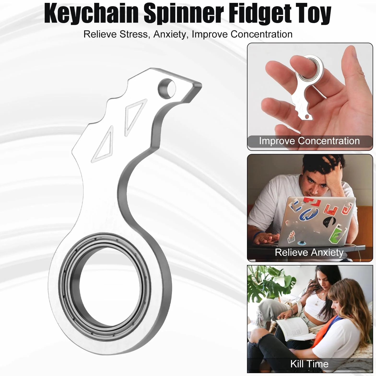 Fidget-Zabawka z Breloczkiem z Kólkiem do Kluczy, Zabawny Breloczek z Obracanym Palcem Przenosne Zabawki z Uchwytem na Klucze dla Nastolatków Doroslych Mezczyzn Cwiczenia Palców (Srebro)