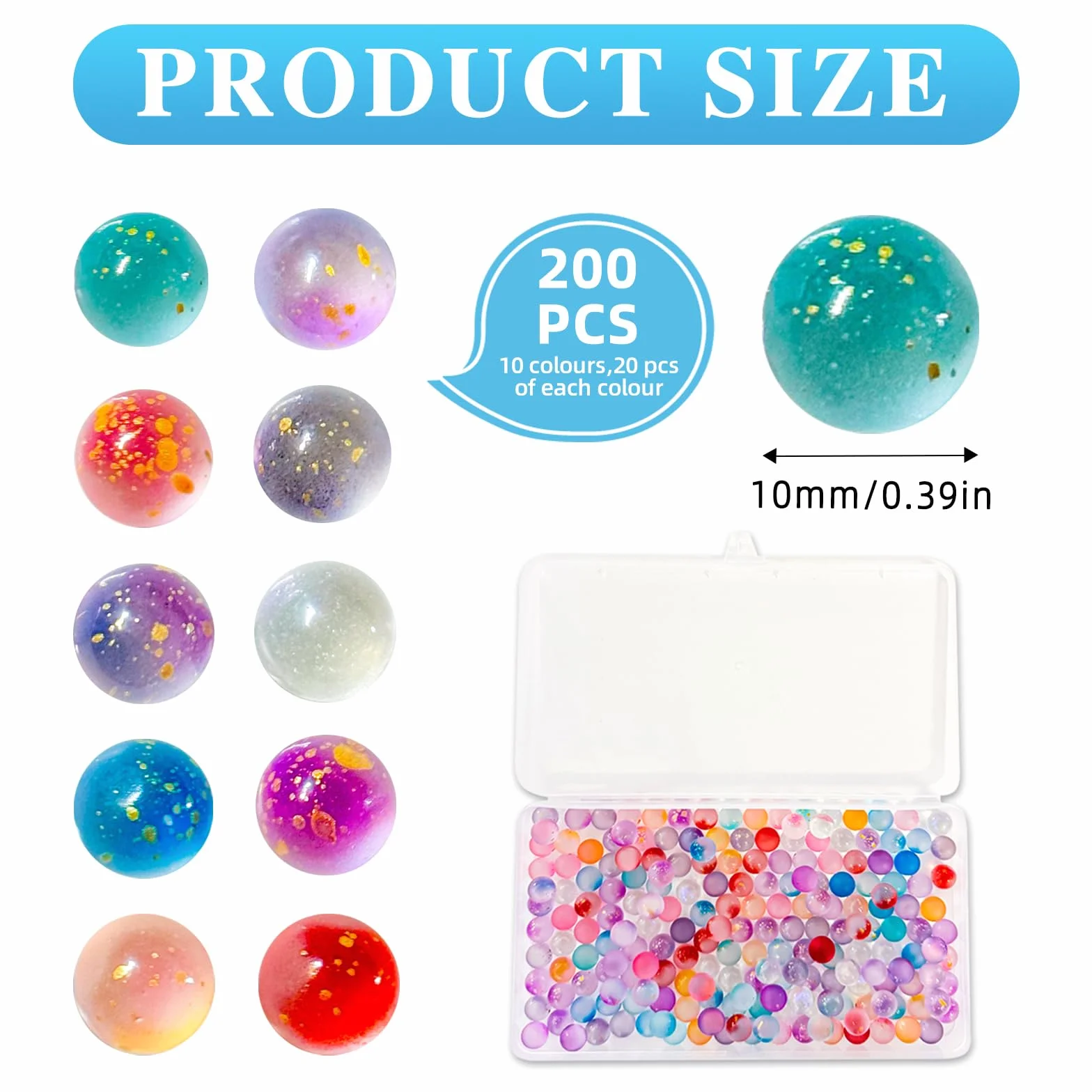Parastar 200 sztuk kolorowych szklanych kulek 10 mm dla dzieci, z pudełkiem, wielokrotnego użytku, do gier w kulkach, projektów DIY, dekoracja domu (10 kolorów)