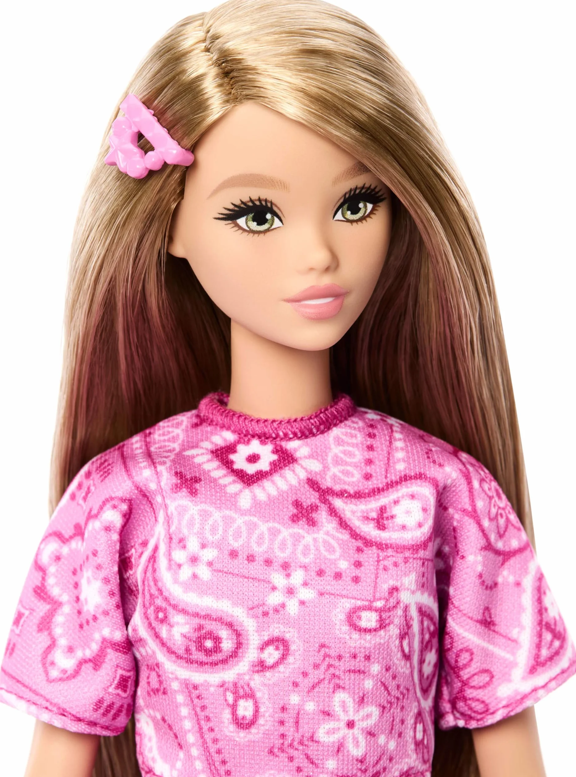Barbie Fashionistas Lalka modowa #249, różowy strój we wzór paisley, blond włosy, różowa spódniczka i koszulka, białe sandałki na platformie, zabawka dla dzieci 3+, JJN62