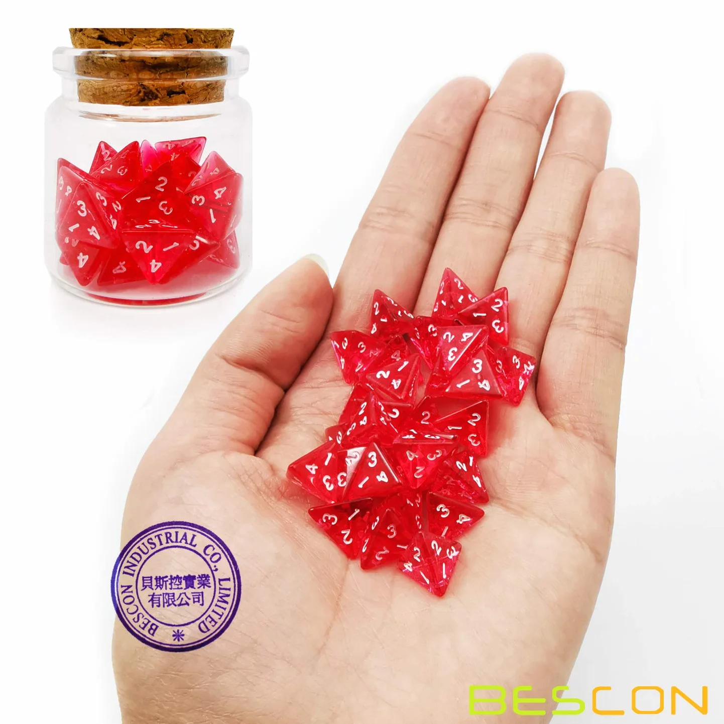 Bescon Mini przezroczyste czerwone kości k4 30 szt. butelka z miksturą leczniczą, 30 sztuk mini czerwonych kostek k4 do gier RPG, pakiet mikstur leczniczych w szklanym słoiku
