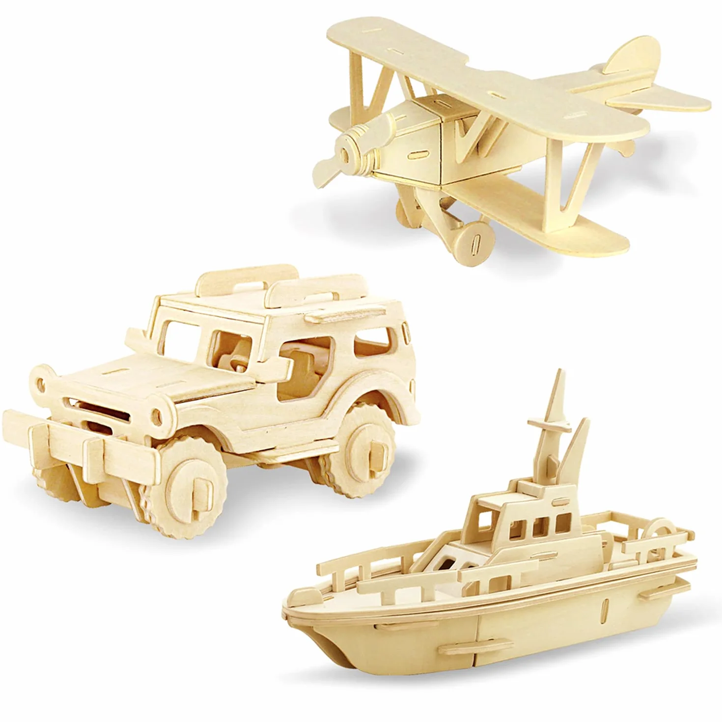 Georgie Porgy Zestaw konstrukcyjny, drewniane puzzle 3D, wycinane drewniane modele dla dzieci, zabawka, zestaw 3 szt. (dwupłatowiec, terenówka, statek ratowniczy)