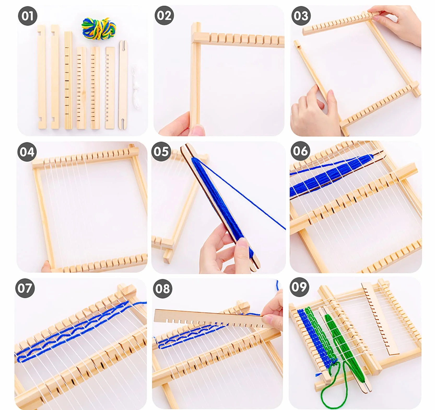 Zestaw do tkania dla dzieci - DIY drewniany ram tkacki 22 x 17 cm z kolorową wełną i akcesoriami - Idealny dla początkujących