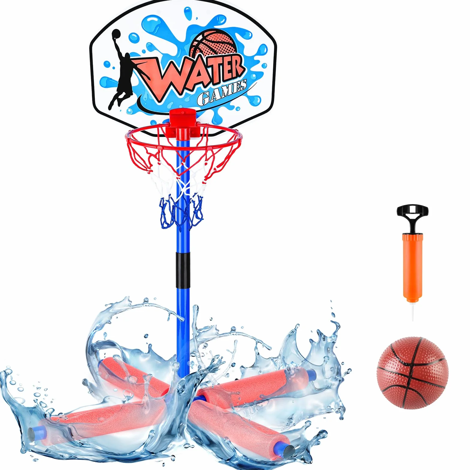 deAO Zestaw do gry w koszykówkę wodną, letnia gra wodna pływające obręcze z koszykówką i pompką powietrza, zawody sportowe w wodzie, zabawka sportowa dla dorosłych i dzieci, prezent dla dzieci 3+