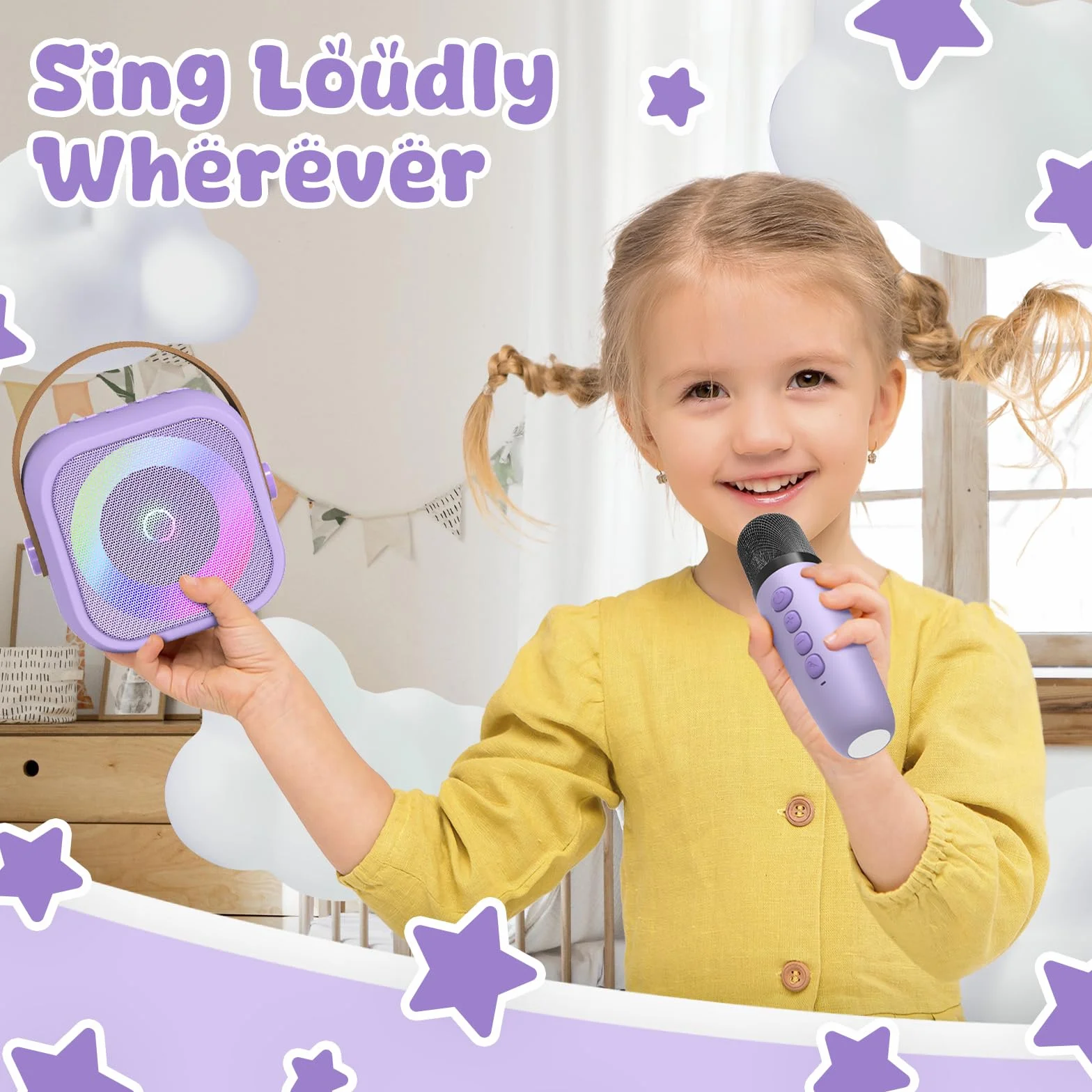 Maszyna Do Karaoke Dla Dzieci Z 2 Mikrofonami,Bezprzewodowy Bluetooth, Z Efektami Zmiany Gosu I Diodami Led Prezent Dla Dziewczynek, Dla Dziewczynek W Wieku 3-12 Lat Prezent Urodzinowy
