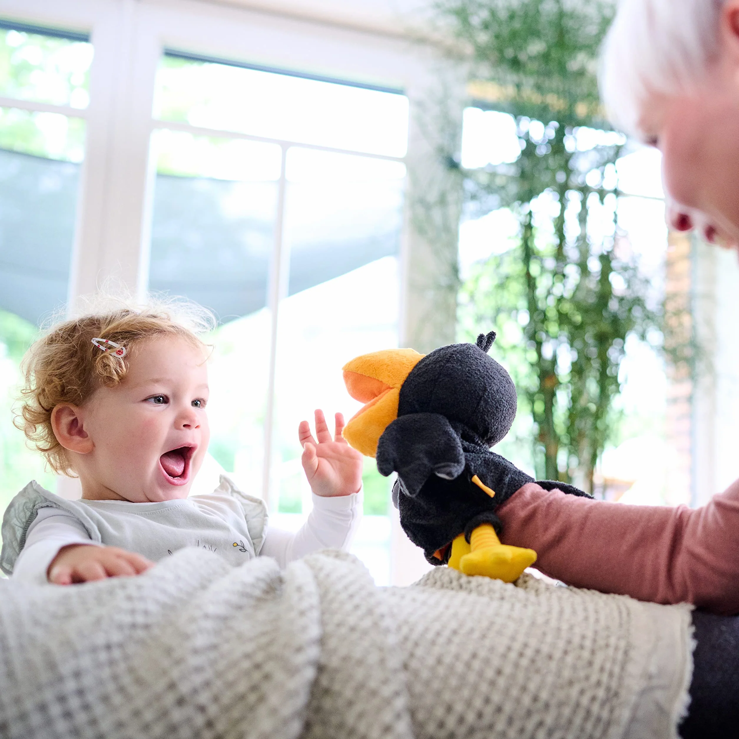 HABA 304203 Hand Puppet Raven Theo, the Cheeky Raven from the Haba Classic Fruit Garden as Cuddly Hand Puppet, Toy from 18 Months