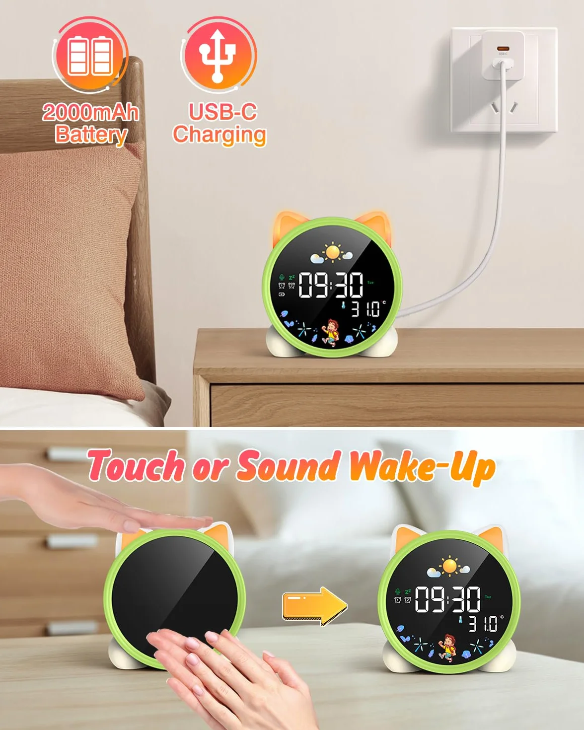 Lemnoi Budzik dla dzieci, zegar trenera snu dla dzieci, zegar OK to Wake z trybem słońca i księżyca, odliczanie/timer, podwójny alarm, regulowane światło nocne, muzyka do spania, drzemka, temperatura