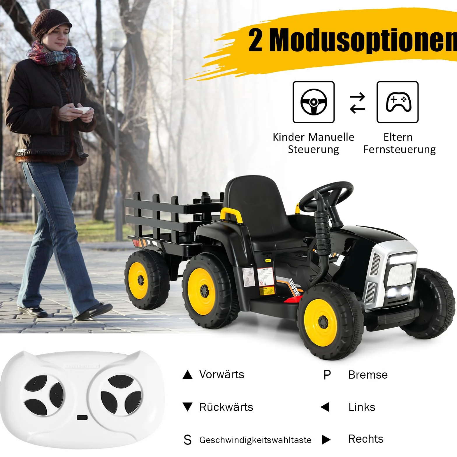 GOPLUS Elektryczny traktor dla dzieci 12 V z przyczepą, 3-biegowy pojazd elektryczny z pilotem zdalnego sterowania, samochód elektryczny z oświetleniem LED, muzyką i Bluetooth, obciążenie 30 kg, od 3