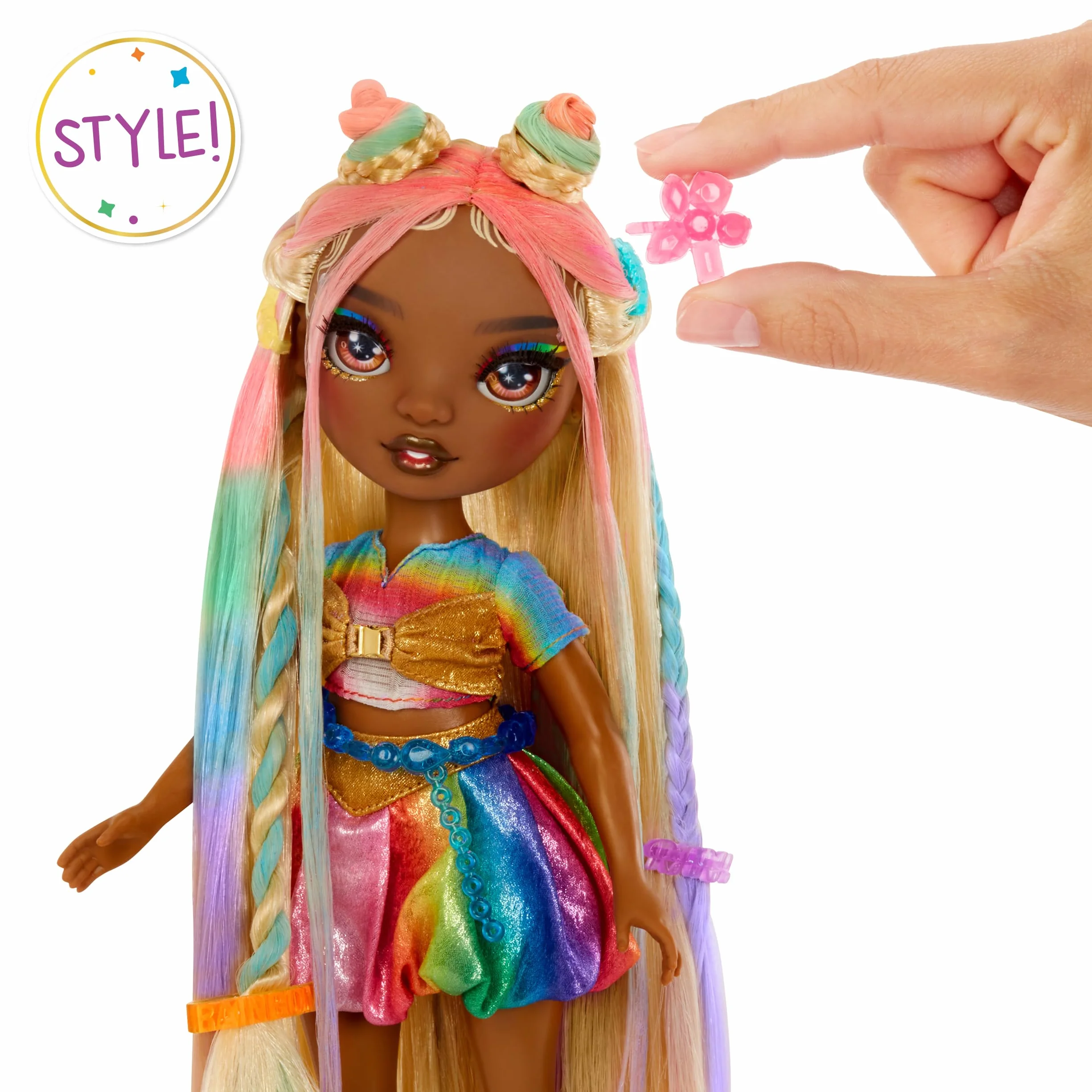 Rainbow High Hair Chalk & Style Doll – Meline – Tęczowo-Złota Lalka o Wysokości 28 cm ze Zmywalną Kredą do Włosów. Koloruj, Stylizuj, Baw się, Spłucz i Powtarzaj, dla Dzieci w Wieku od 4 do 12+ Lat