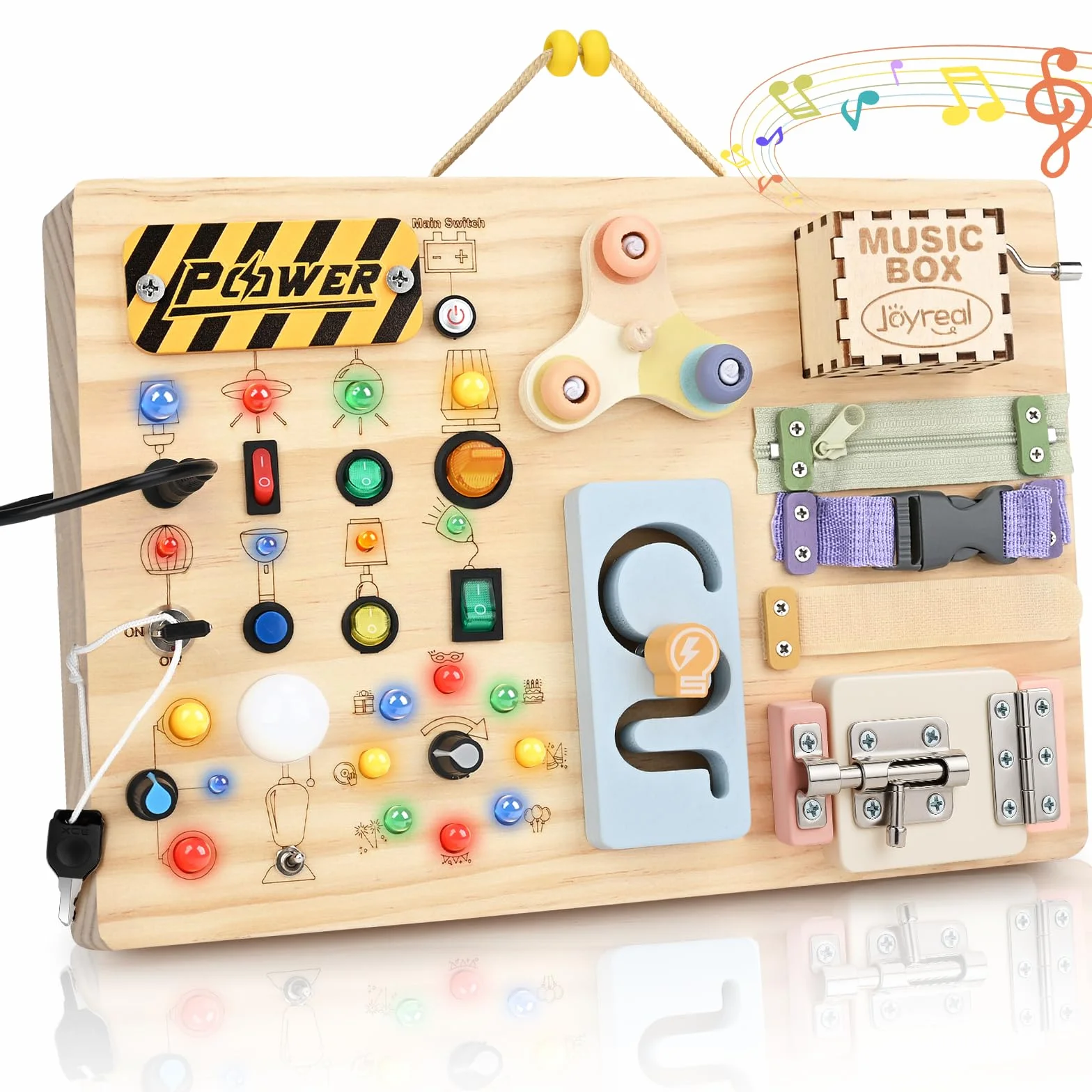 Joyreal Montessori Busy Board 2 w 1 od 1 roku życia, drewniana zabawka motoryczna, sensoryczna zabawka Montessori z 20 diodami LED, 19 motoryki, prezent dla 1, 2, 3 lat, dla chłopców i dziewczynek