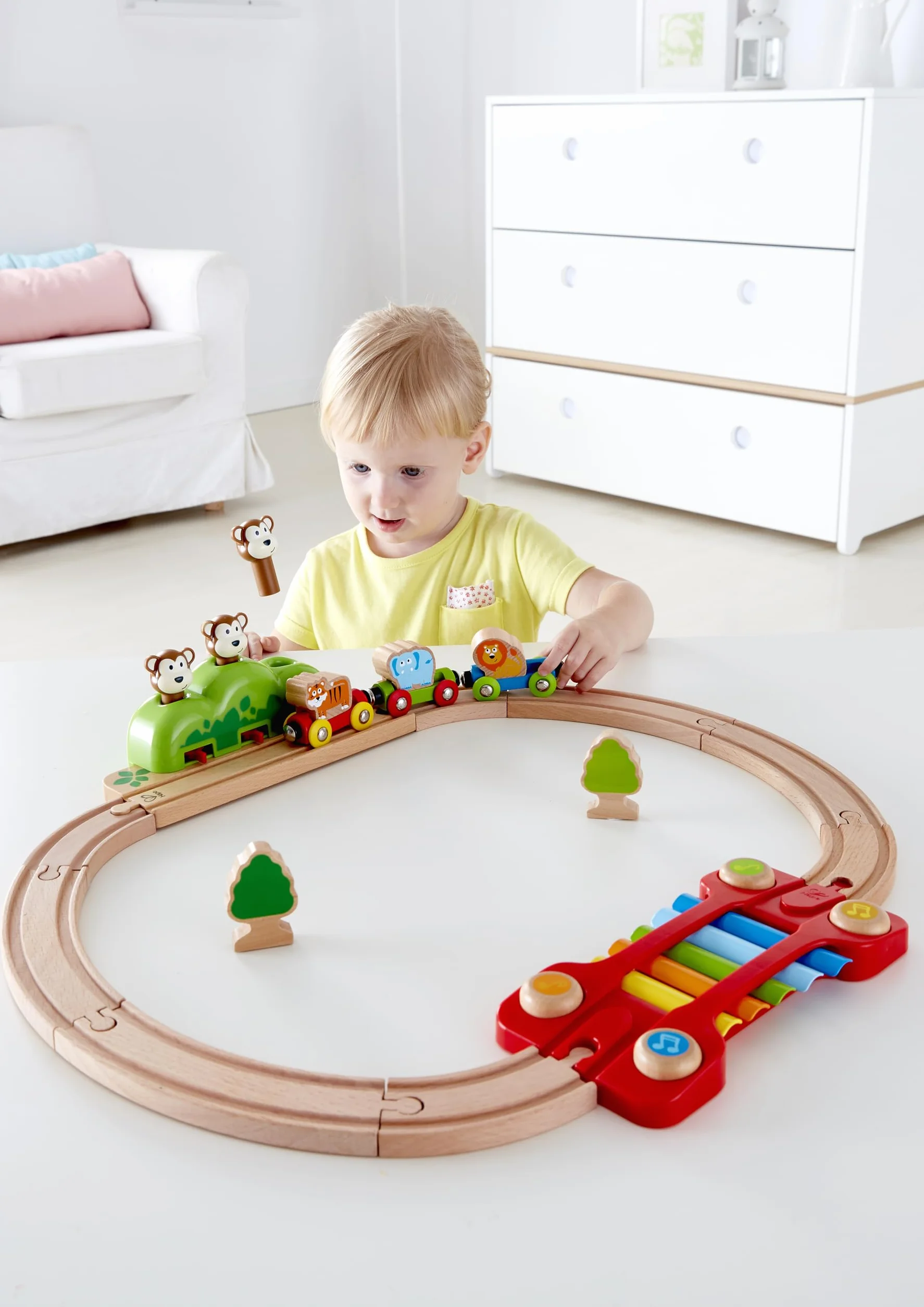 Hape E3825 Music and Monkeys Wooden Train Set - My First Railway