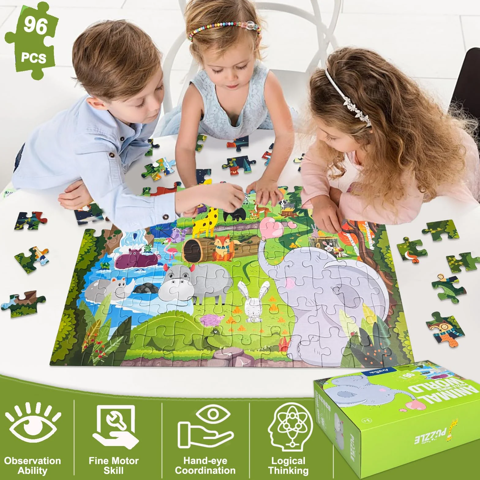 Puzzle dla dzieci od 4, 5, 6 lat, 96 elementów, puzzle podłogowe, świat zwierząt, duże puzzle dla dzieci, prostokątne, puzzle dla chłopców i dziewczynek, prezent dla dzieci w wieku 3-7 lat
