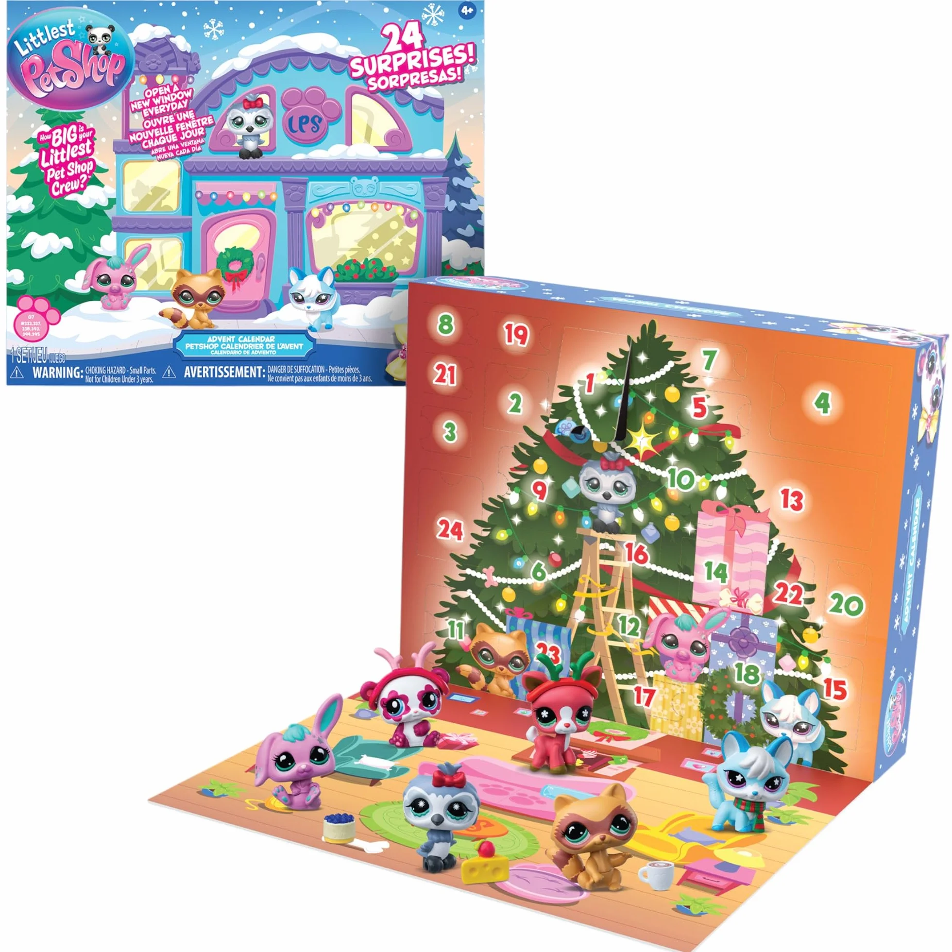 Littlest Pet Shop kalendarz adwentowy dla zwierząt domowych, 8 sklepów dla zwierząt domowych i 16 akcesoriów, kalendarz na Boże Narodzenie, mini figurki ze zwierzętami do kolekcjonowania, zabawki dla