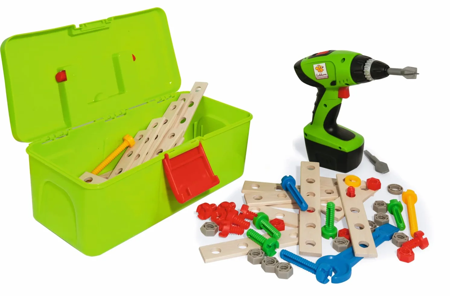 Eichhorn Constructor 100039079 Skrzynka narzędziowa z drewnianymi listwami do wkręcania śrubek, klocki konkstrukcyjne, śrubokręt dla dzieci, 70 elementów, 29x16x11 cm, FSC®100%, dla dzieci od 3 lat